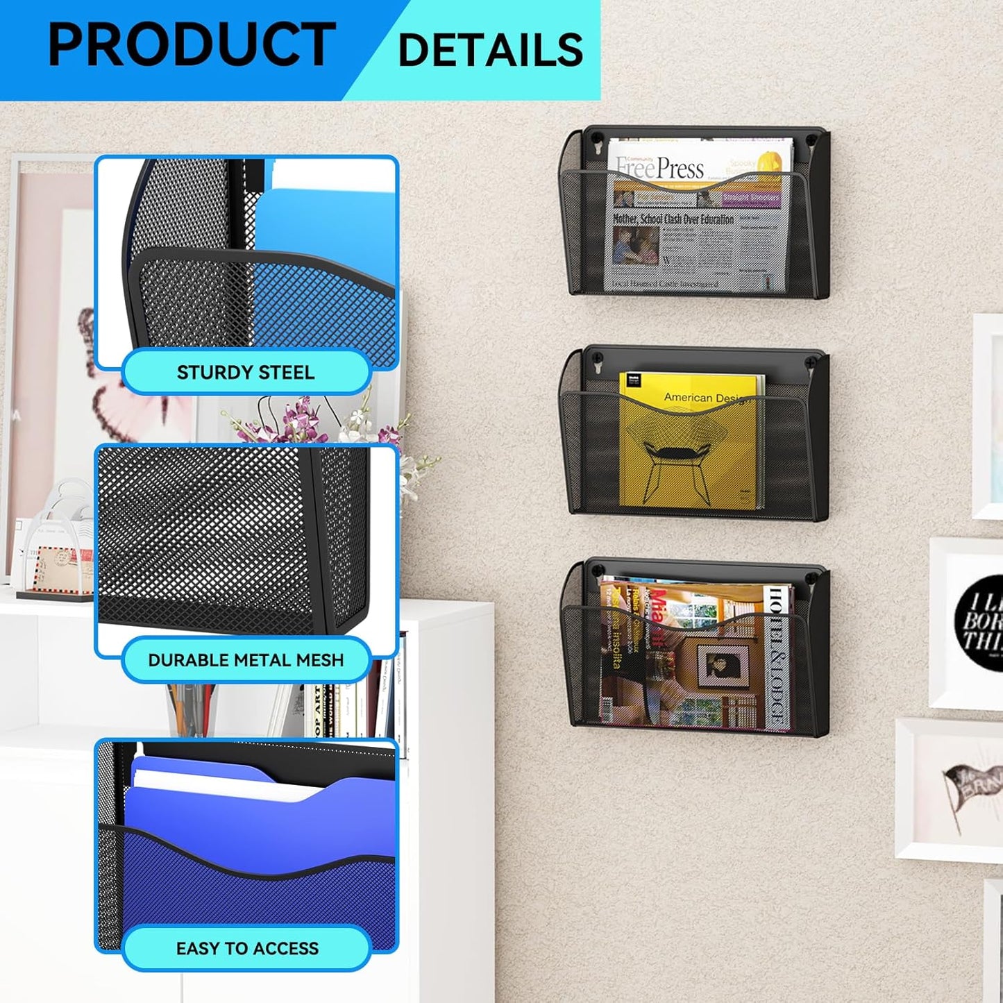 Single Pocket Wall File Holder, Mesh Hanging File Folder Paper Organizer, Vertical Wall Mounted Mail Basket, Storage Organization Magazine Rack for Office, Home and School, Black
