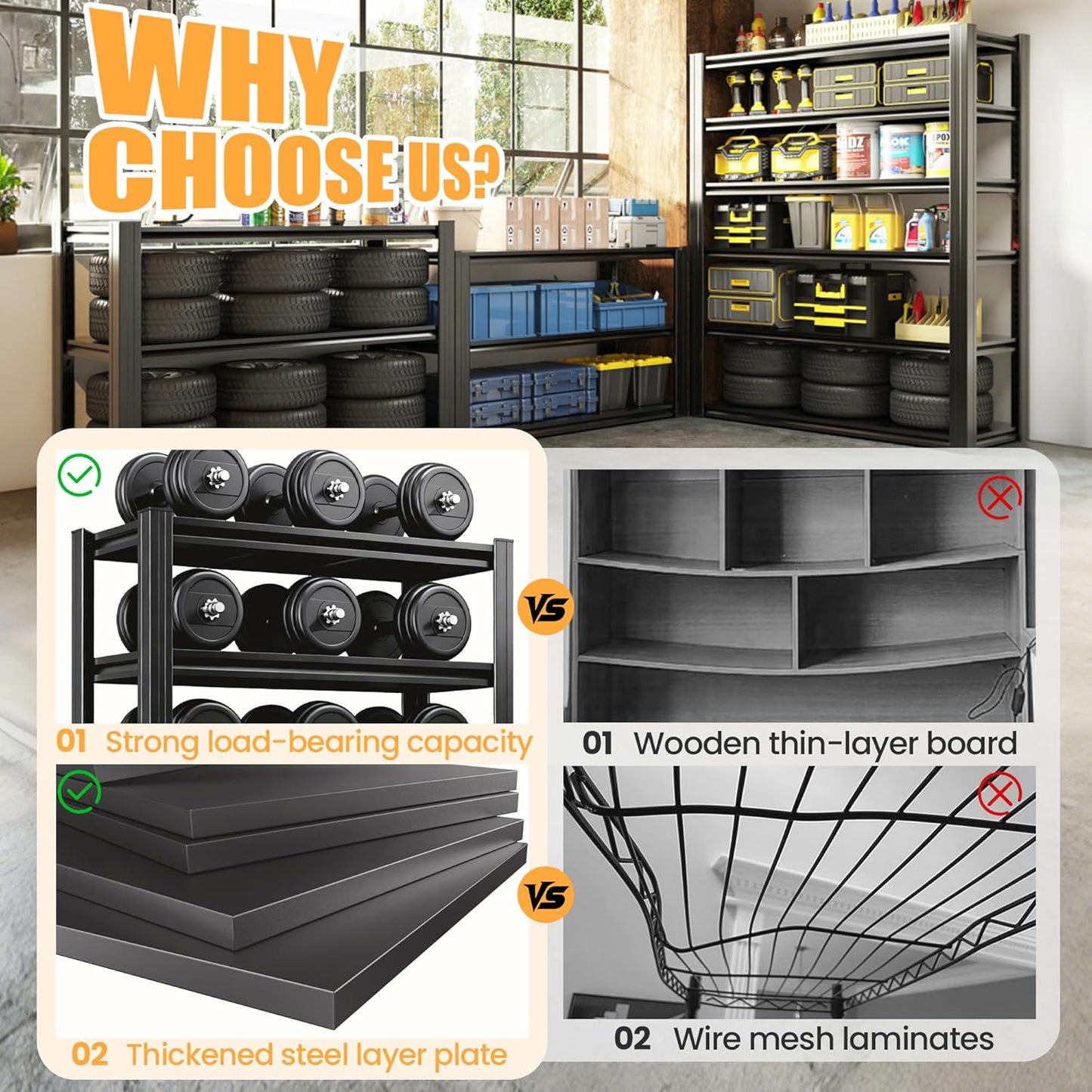 62" H Garage Shelving, Heavy Duty Storage Shelves, Garage Storage Shelves, Adjustable 5 Tier Metal Shelving Unit, Utility Shelves for Warehouse Backyard, 62" H×27.6" W×12" D