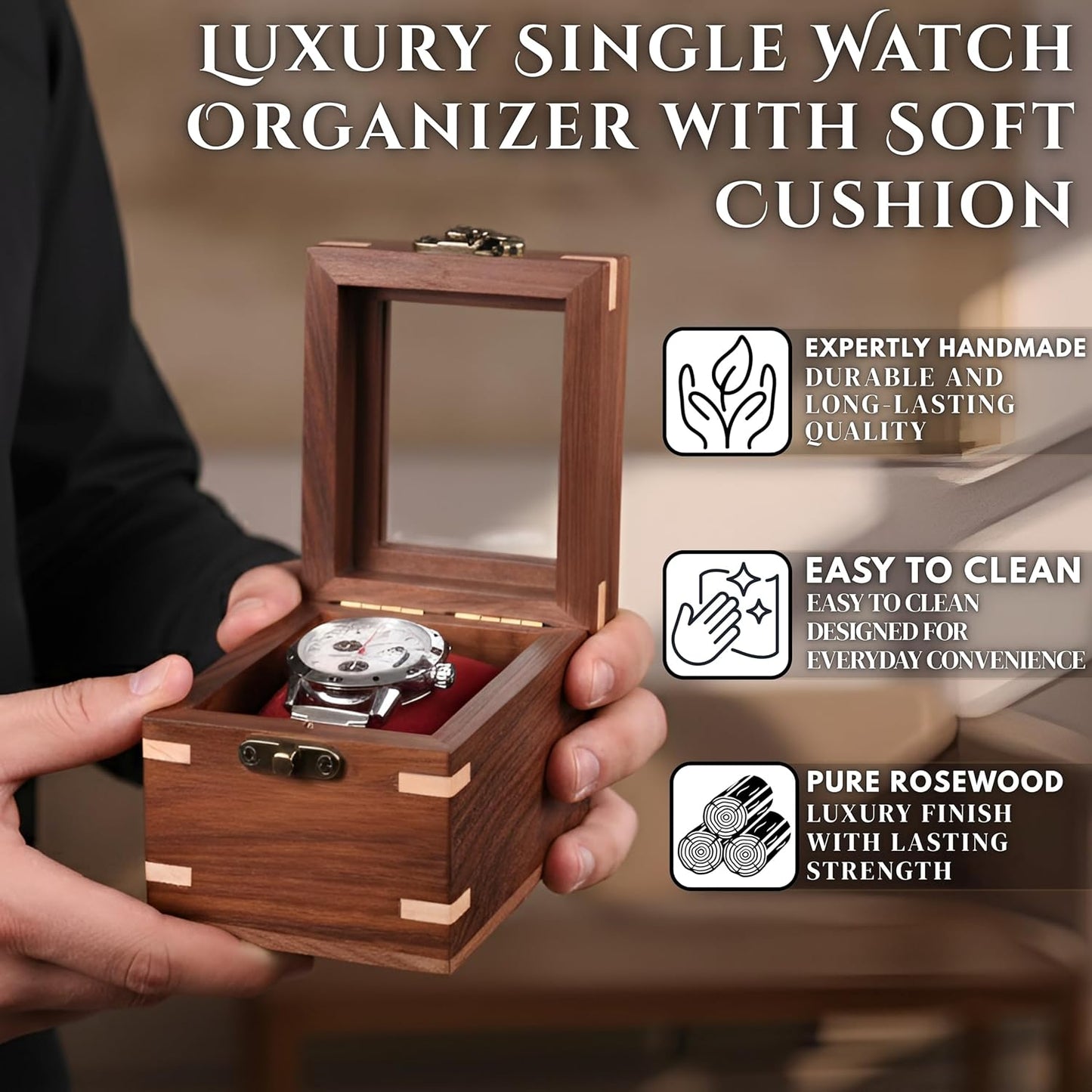 Wooden Watch Box for Men & Women, Luxury Watch Organizer & Display Case, Premium Long-Lasting Watch Holder for Storage, Elegant Gift for Watch Collectors (Glass Top, 1 Slot)