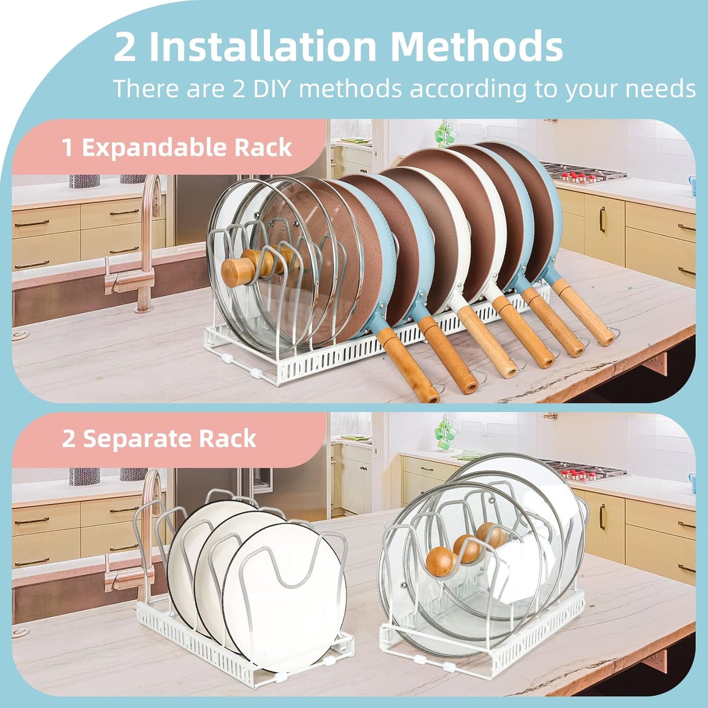 ROOHUA Pot Rack Organizer -Expandable Pot and Pan Organizer for Cabinet,Pot Lid Organizer Holder with 10 Adjustable Compartment for Kitchen Cabinet Cookware Baking Frying Rack