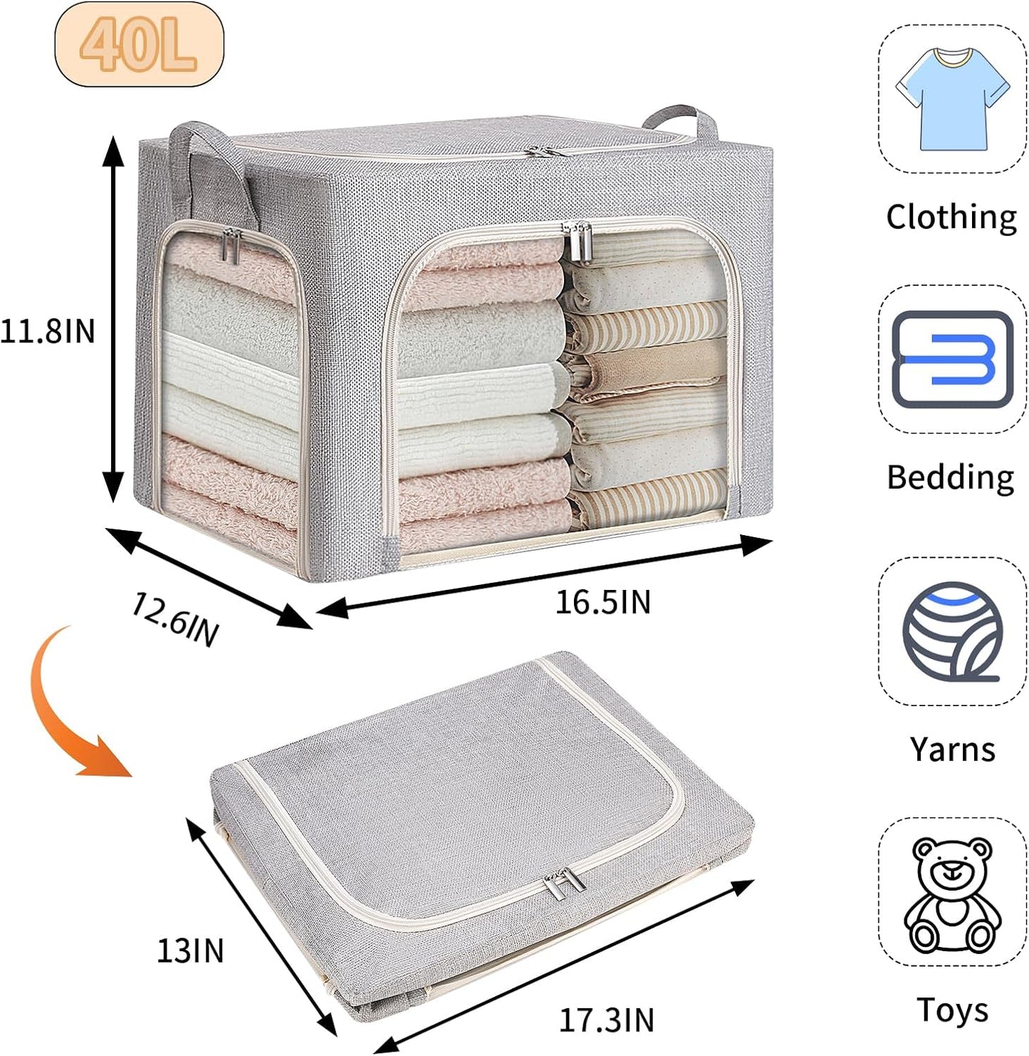 combocube 3-Side Zippered Openings Clothes Storage Bins with Thick Metal Frame, Stackable & Foldable Clothing Storage Bins with Lid, Linen Fabric Closet Storage Box with Large Clear Window, 3 Pack