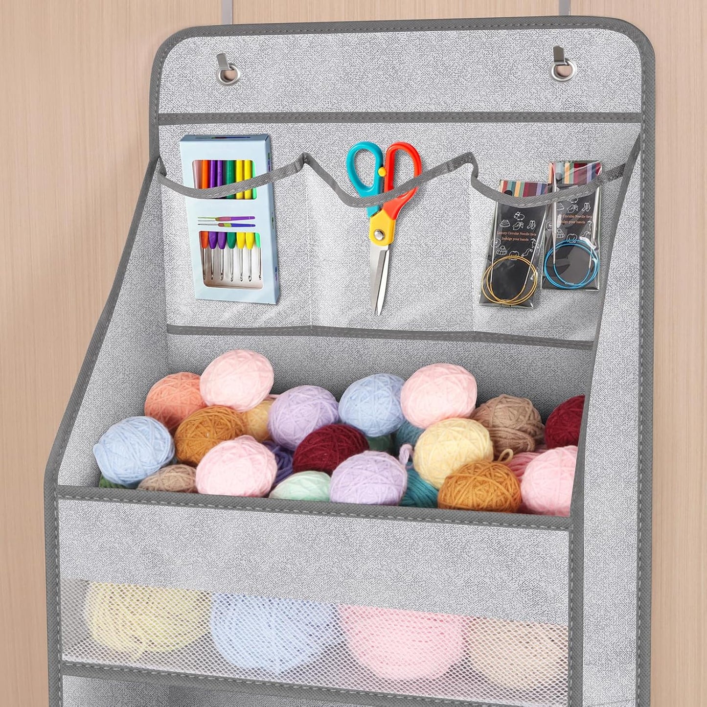 Univivi 5-Shelf Door Storage Over Door Hanging Organizer with 4 Large Pockets and 3 Small PVC Pockets Nursery Closet Cabinet Wall Mount Hanging Storage Organizers for Baby Nursery (Grey Pattern)