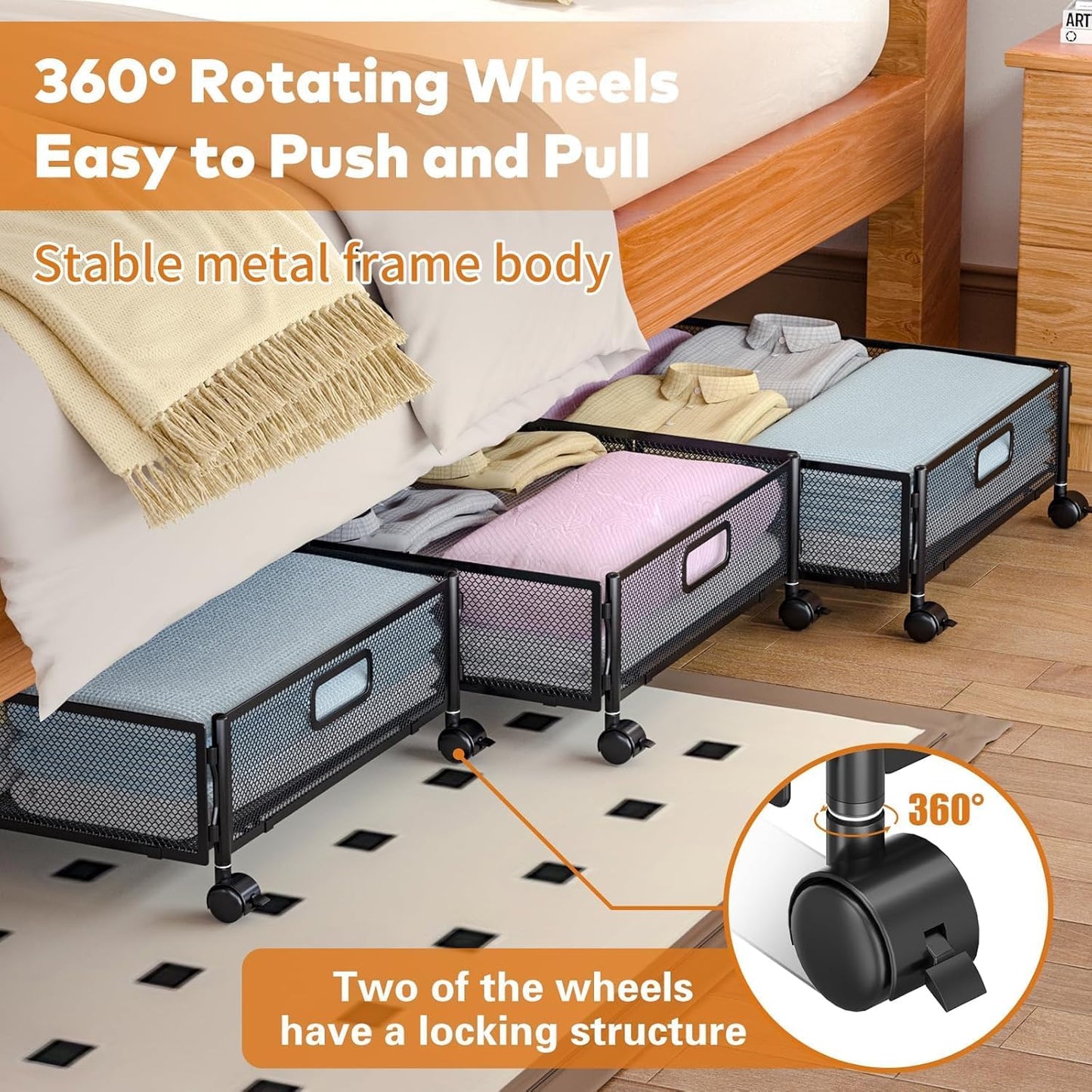Under Bed Storage with Wheels, Rolling Under Bed Storage Bins for Shoes Clothes, Foldable and Easy Mobility (4 Pack, Black)