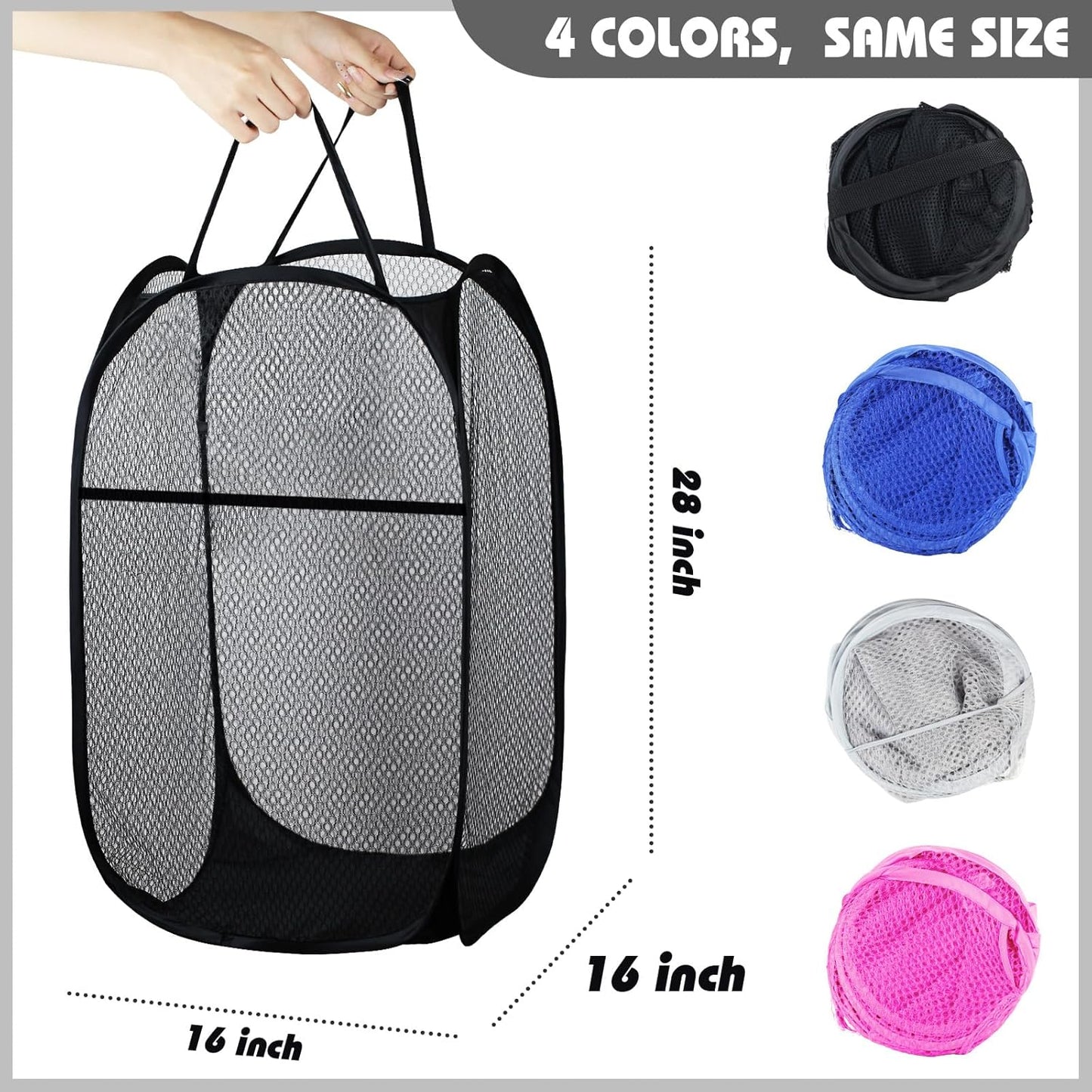 Collapsible Pop Up Laundry Hamper, Extra Large Mesh Foldable Laundry Basket Bag, 28" x 16" x 16", 4 Pack (Black + Pink + Grey + Blue)