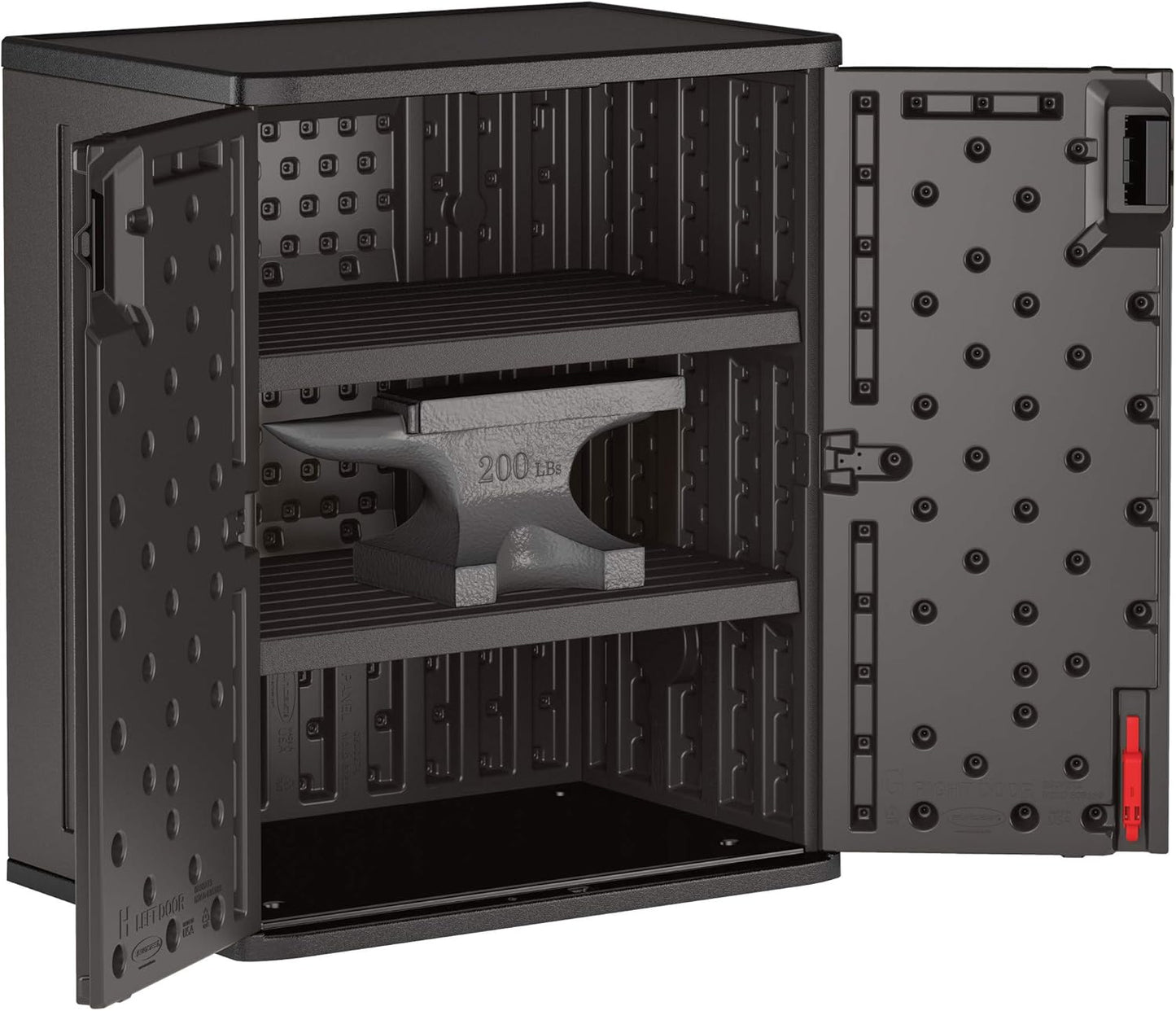Suncast Heavy-Duty Resin Outdoor Storage Cabinet, 30" W x 20.25" D x 36" H Dark Grey Base Garage Storage Cabinet with Lockable Doors and Metal Reinforced Shelves, Made in The USA