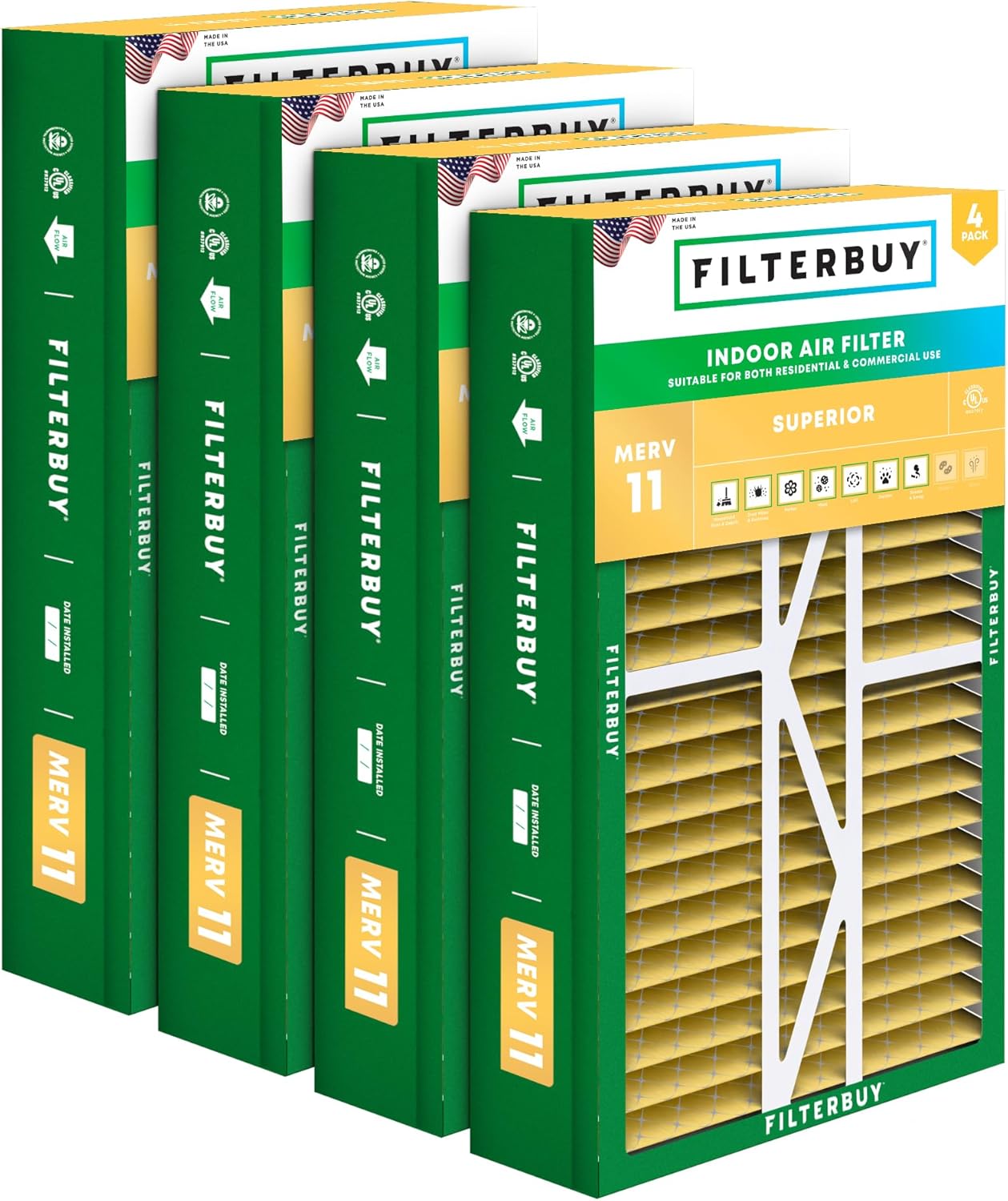 Filterbuy 17.5x27x5 Air Filter MERV 11 Superior Pet & Allergy Defense (4-Pack), Pleated HVAC AC Furnace Filters for Trane Perfect Fit & American Standard (Actual Size: 17.13 x 26.13 x 4.97)