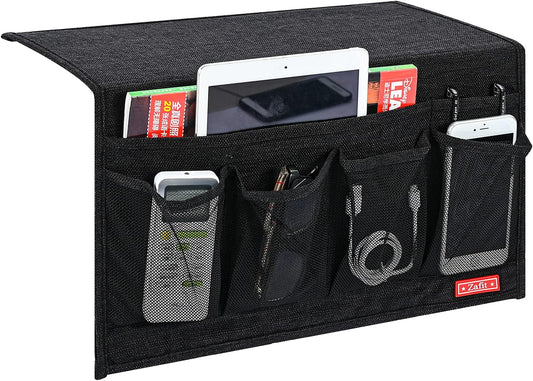 Linen 6 Pockets Bedside Caddy, Bedside Storage Organizer for Magazine, Remotes, Phone (Black)