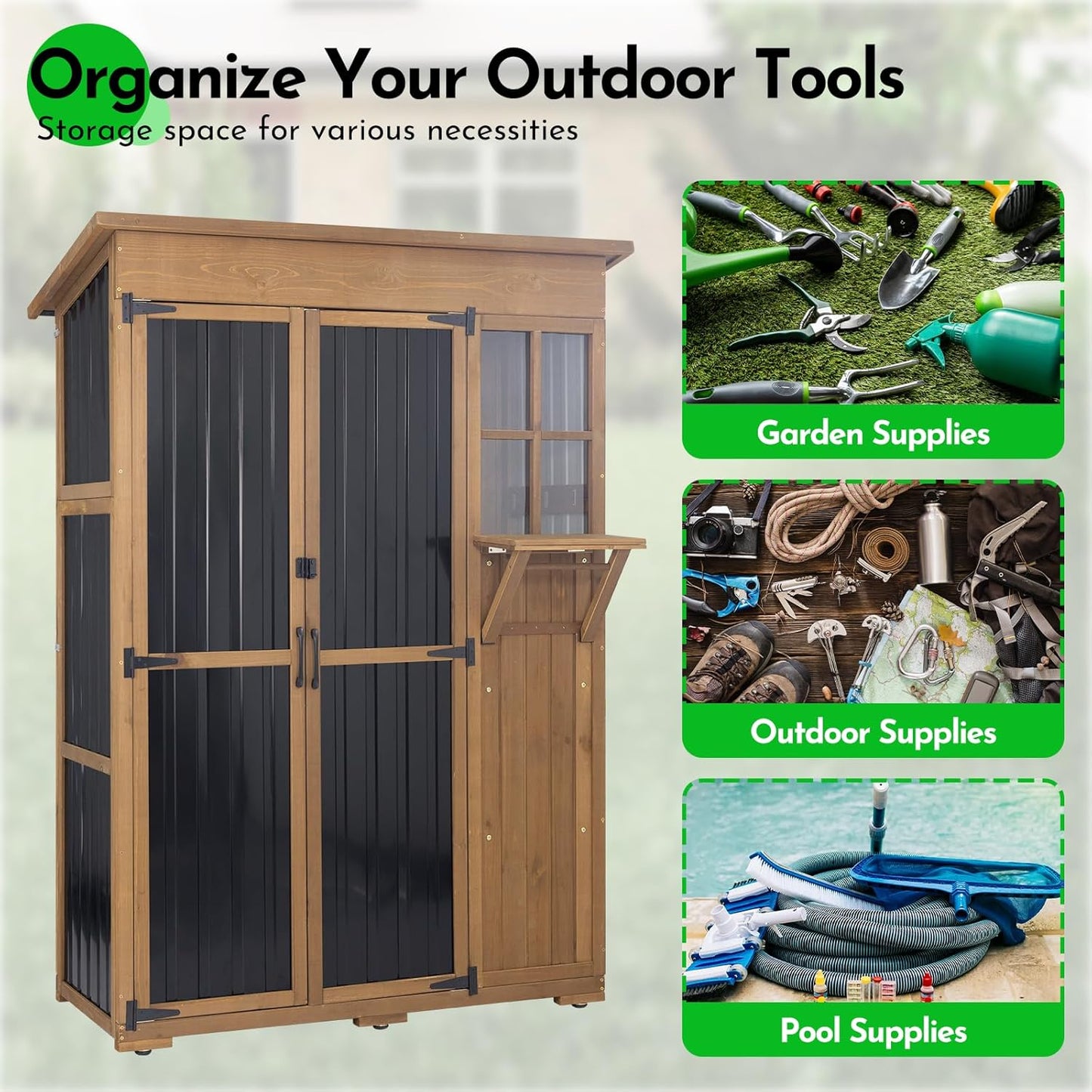 Large Storage Shed, Wood & Metal Outdoor Storage Cabinet with External Foldable Table,Waterproof Roof,Three Shelves, Outdoor Cabinets for Patio Backyard, Garden Garage Tool Shed, Brown