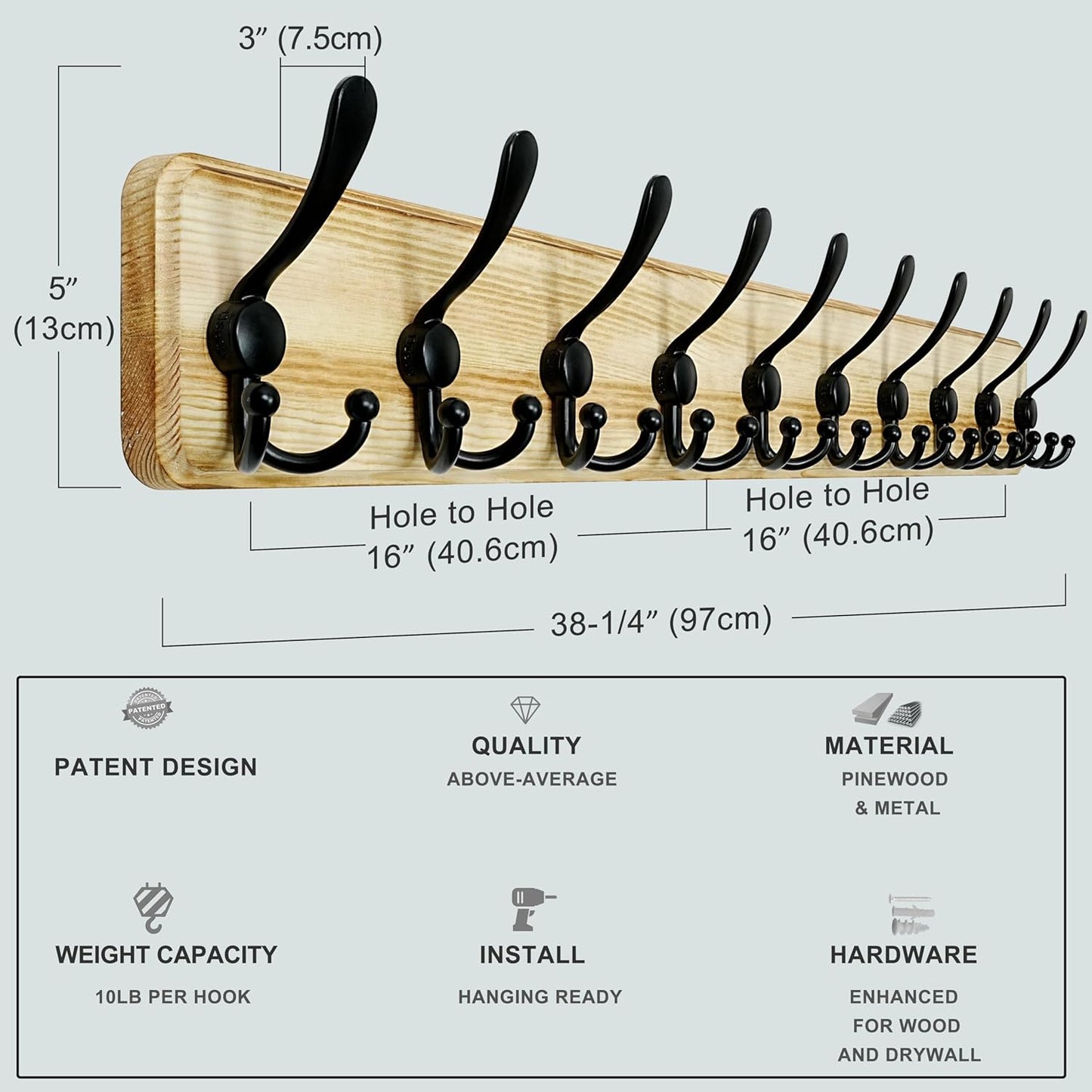 Dseap Coat Rack Wall - Heavy-Duty 38-1/4" Long, with Reinforced 10 Custom Tri-Hooks, Solid Wood Wall Hanger for Coats Hat Jackets - Rustic Farmhouse Entryway Hallway Storage, Light Brown & Black