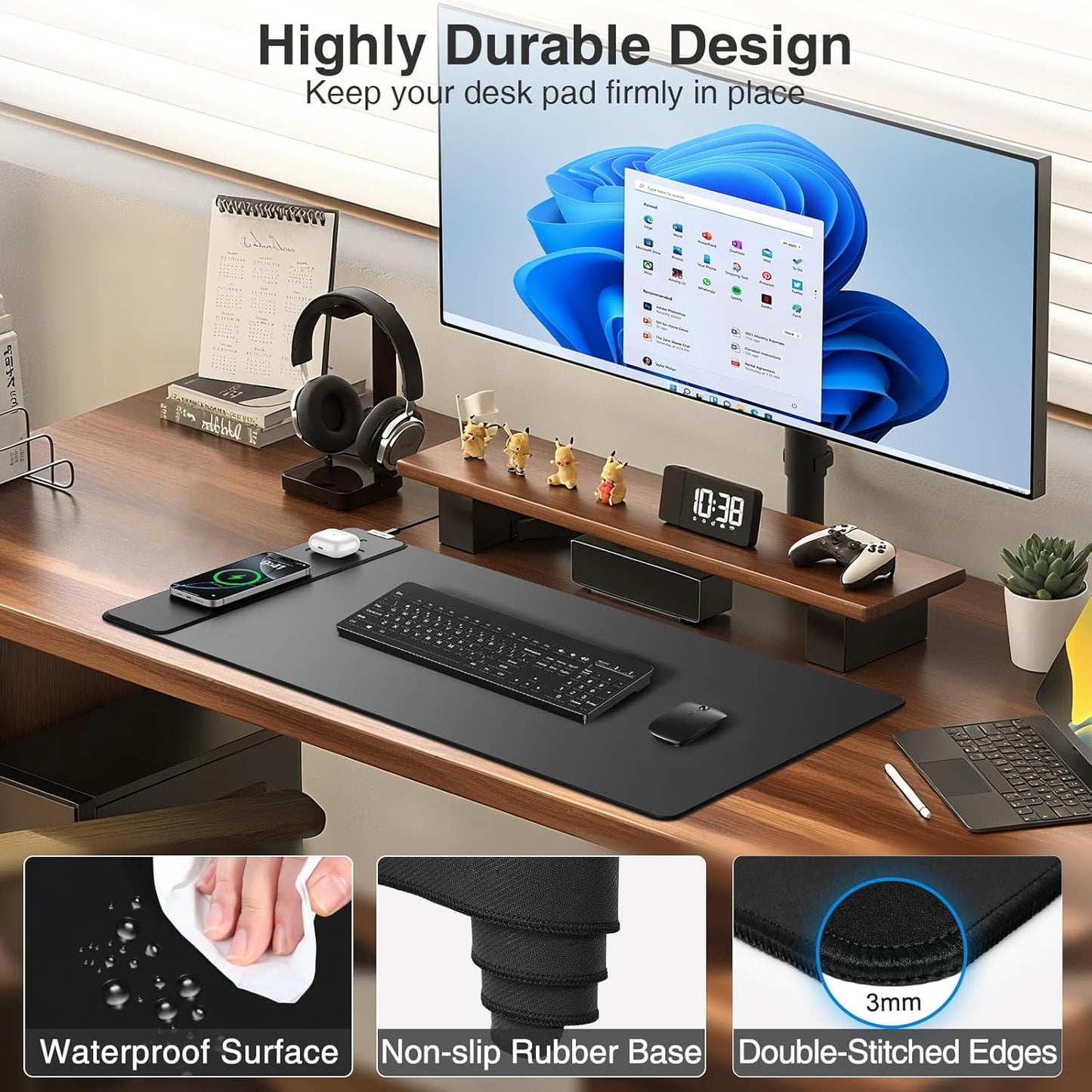 Mouse Pad with Magnetic Wireless Charger, 31.5"x15.8" Large Gaming Desk Mat, Non-Slip Base, Waterproof Ultra-Smooth Keyboard Pad for Gamer, Office & Home, Black