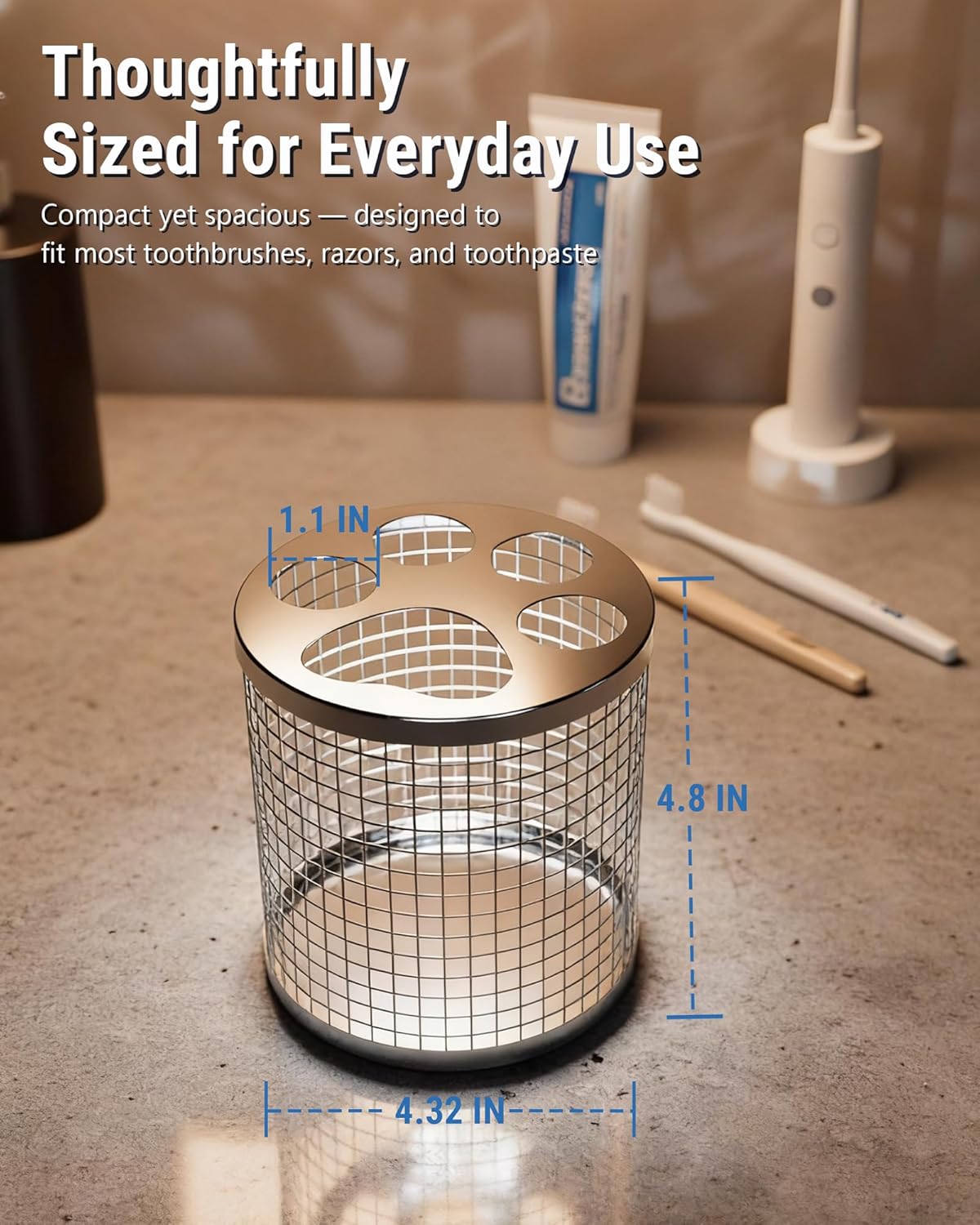 Toothbrush Holder Stand for Bathroom, 304 Stainless Steel Ventilated Organizer for Countertop with Slots for Electric Toothbrushes & Toothpaste, Family Size Tooth Brush Holder