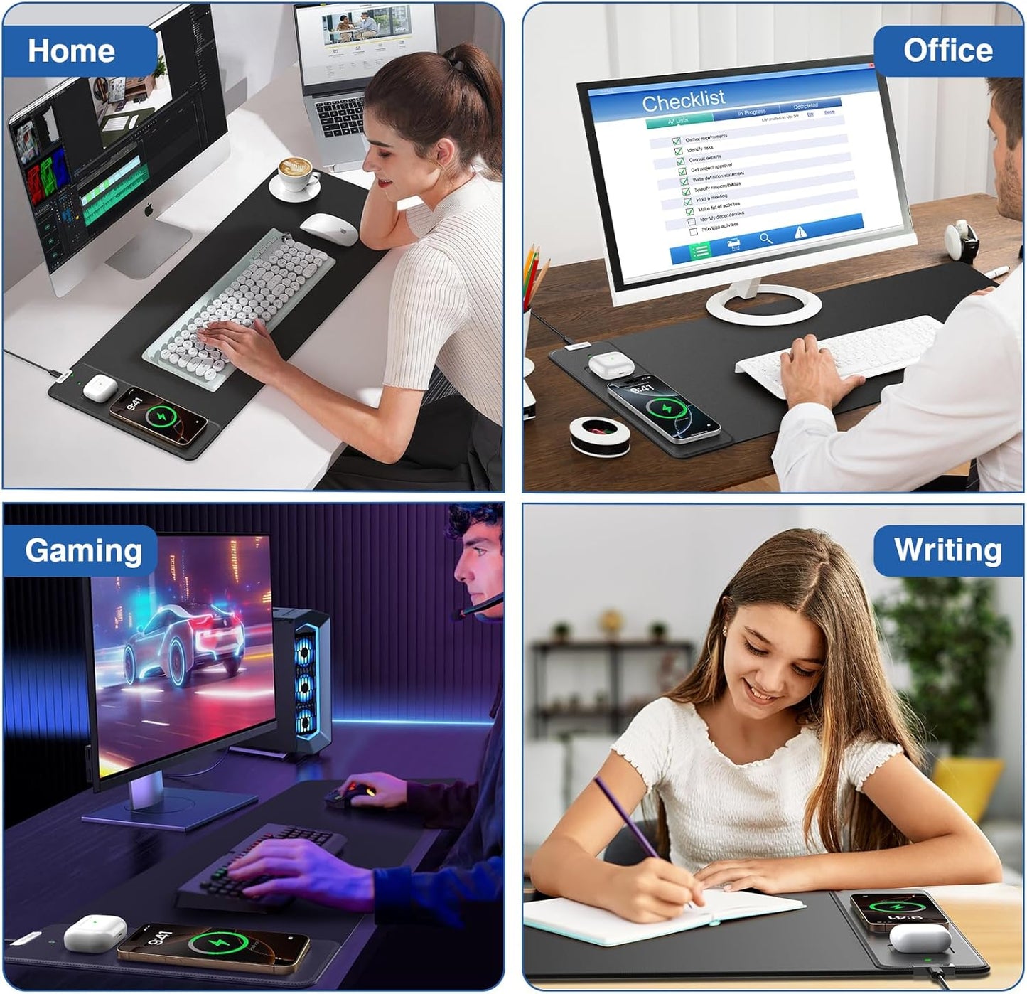 Magnetic Wireless Charging Mouse Pad, 27.5"x11.8" Gaming Desk Mat for Keyboard/Laptop, Non-Slip Base & 20W PD Adapter, Waterproof Smooth Desk Writing Pad for Gamer, Office & Home, Black