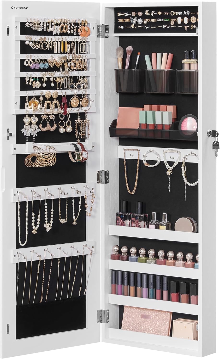 SONGMICS Jewelry Cabinet Armoire, Lockable Wall-Mounted Organizer Unit with 2 Plastic Cosmetic Storage Trays, Full-Length Frameless Mirror, Christmas Gift, White UJJC001W01