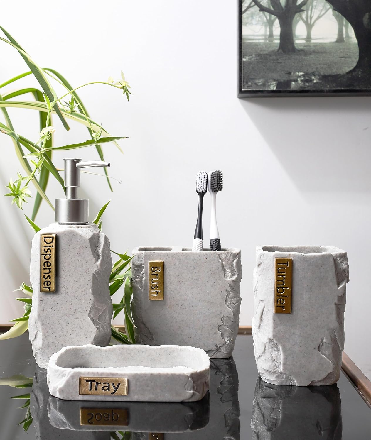 Hymmah Bathroom Accessories Set,Marble Design Toothbrush Holder,Farmhouse Bathroom Decor,4 Pcs Resin Gift Set Apartment Necessities, Contain Toothbrush Cup,Soap Dispenser,Soap Dish,Tumbler