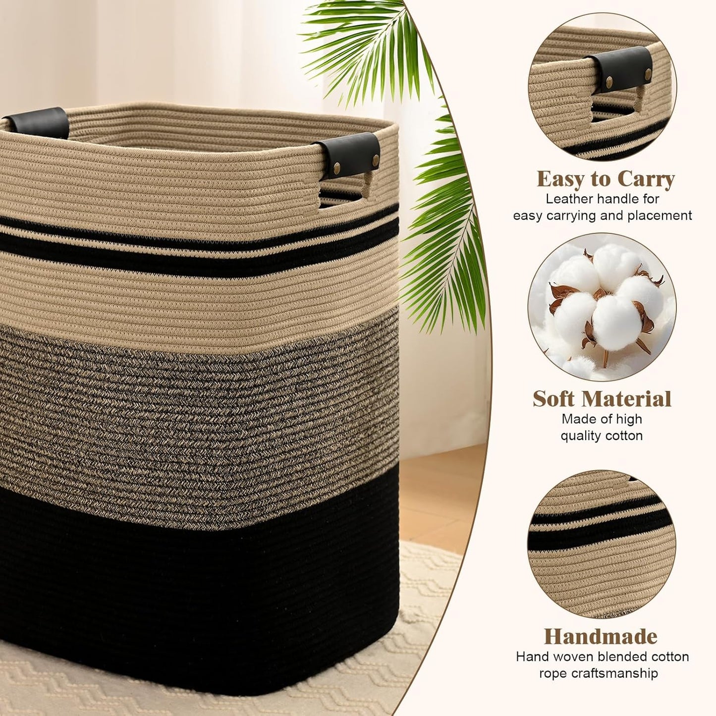 Laundry Hamper, 75L Tall Laundry Basket with Leather Handles, Rectangle Large Clothes Hamper for Organizing, Cotton Woven Laundry Baskets Storage Hampers for Bedroom, Nursery, Living Room