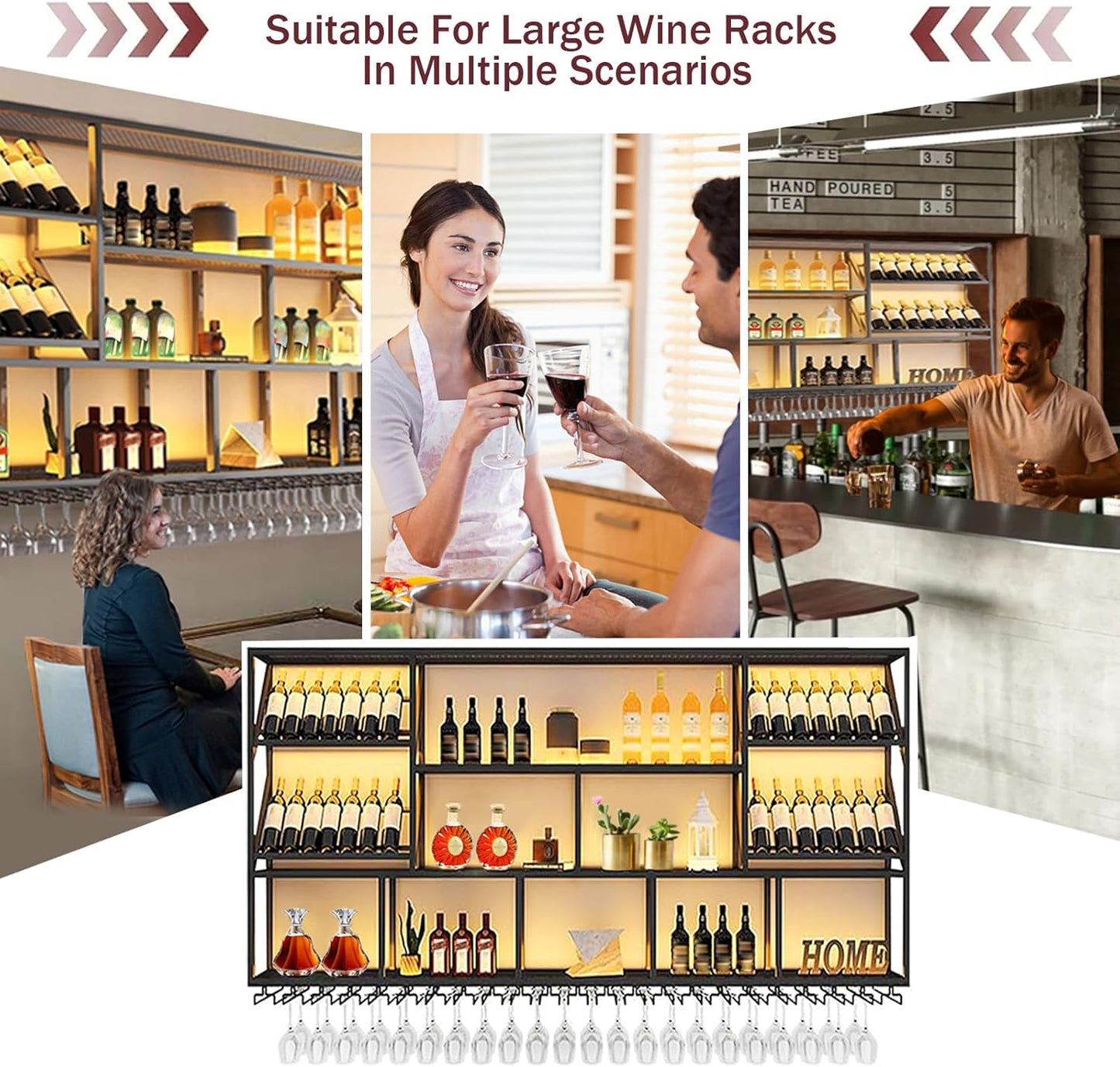 3 Tier Large Wine Rack Wall Mounted with Glass Holder, Black Modern Iron Liquor Shelf, 78.7 Inch Large Wine Bottle Display Shelf, for Kitchen Dining, Home Bar, Cellar (78.7" W)