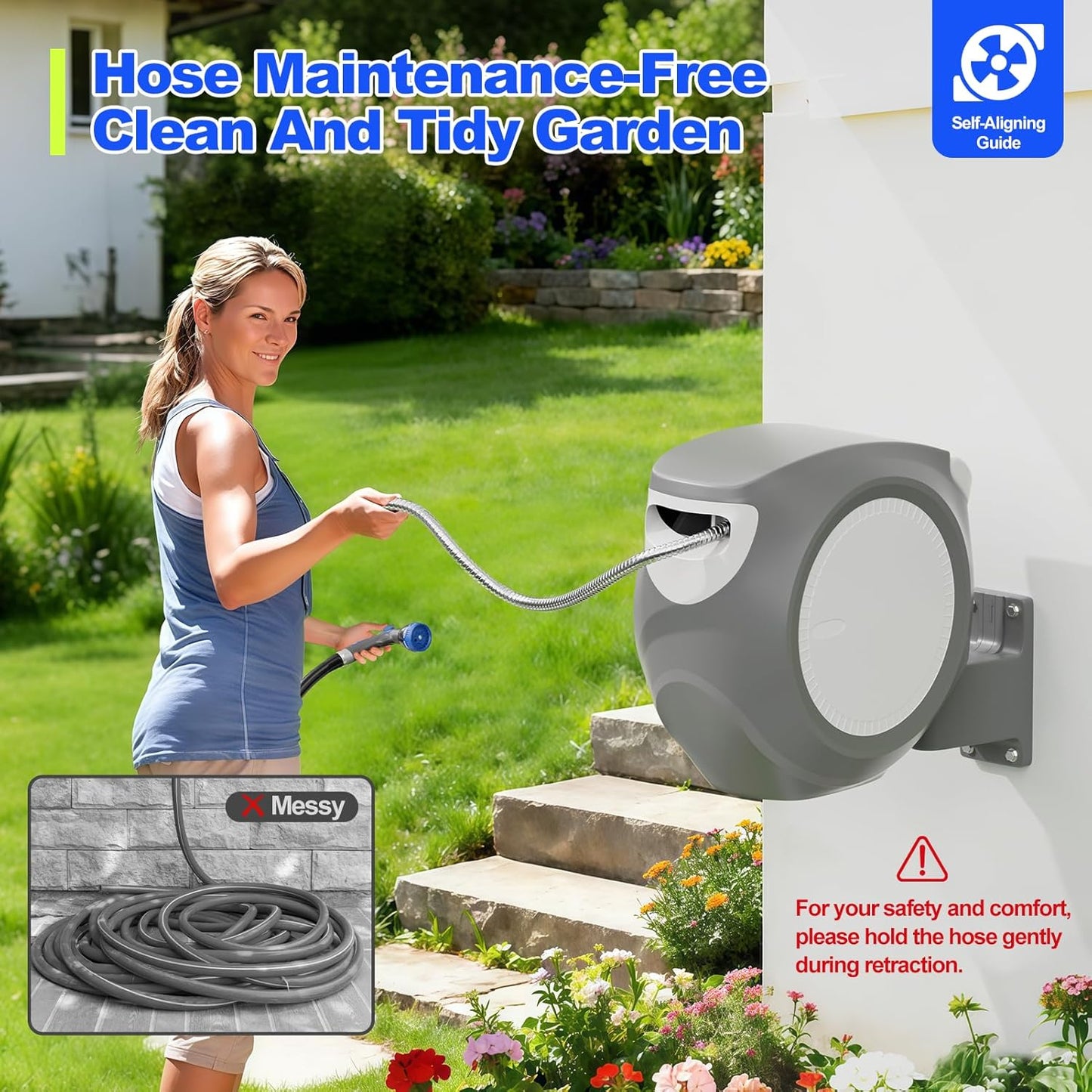 SPECILITE Retractable Garden Hose Reel 100 FT 1/2", 304 Stainless Steel Water Pipe, 3x Life, Leak-Proof, UV & Freeze Resistant, Automatic Rewind & Any Length Lock, Wall Mount Hose Reels for Outside