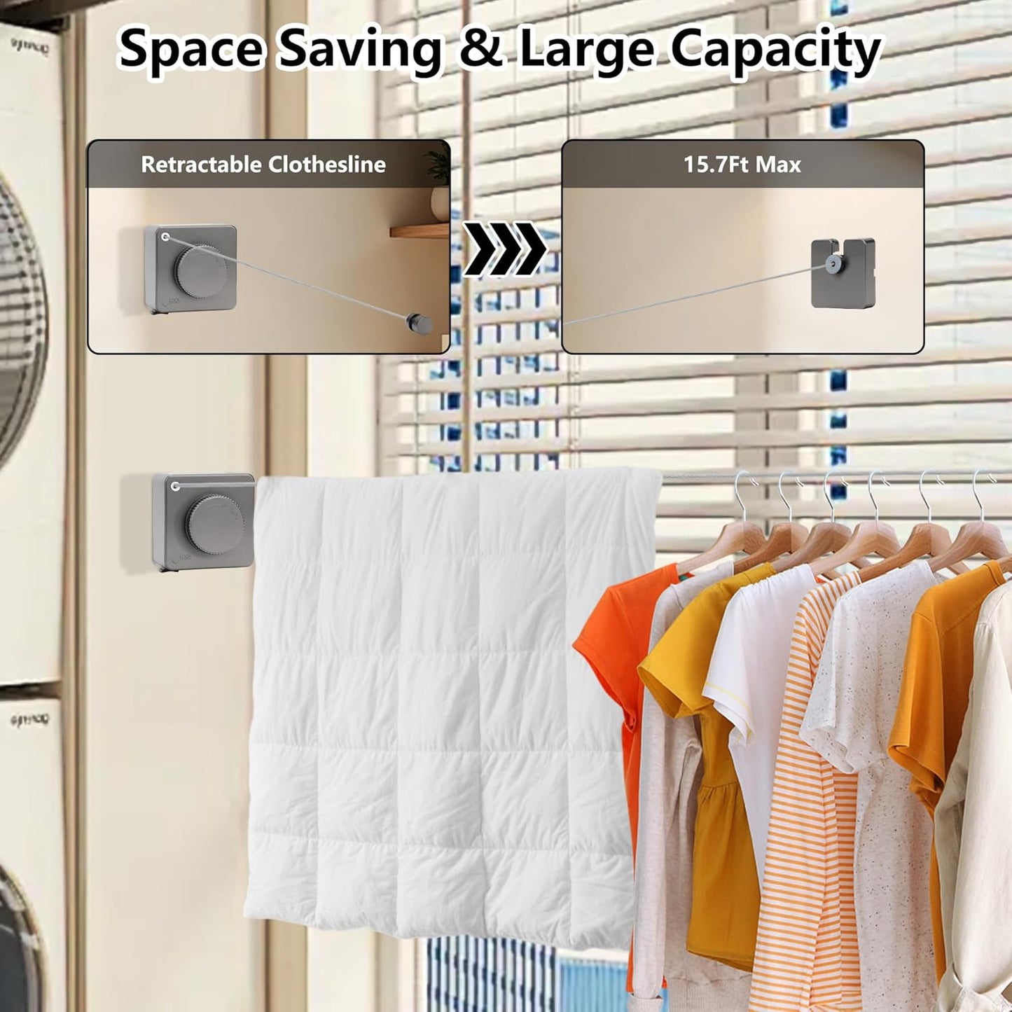15.7Ft Retractable Clothesline Indoor an Anti-sag Retractable Clothesline Outdoor,Laundry Line Wall Mounted Stainless Steel Wire Laundry, with 12 Clip(Gray)