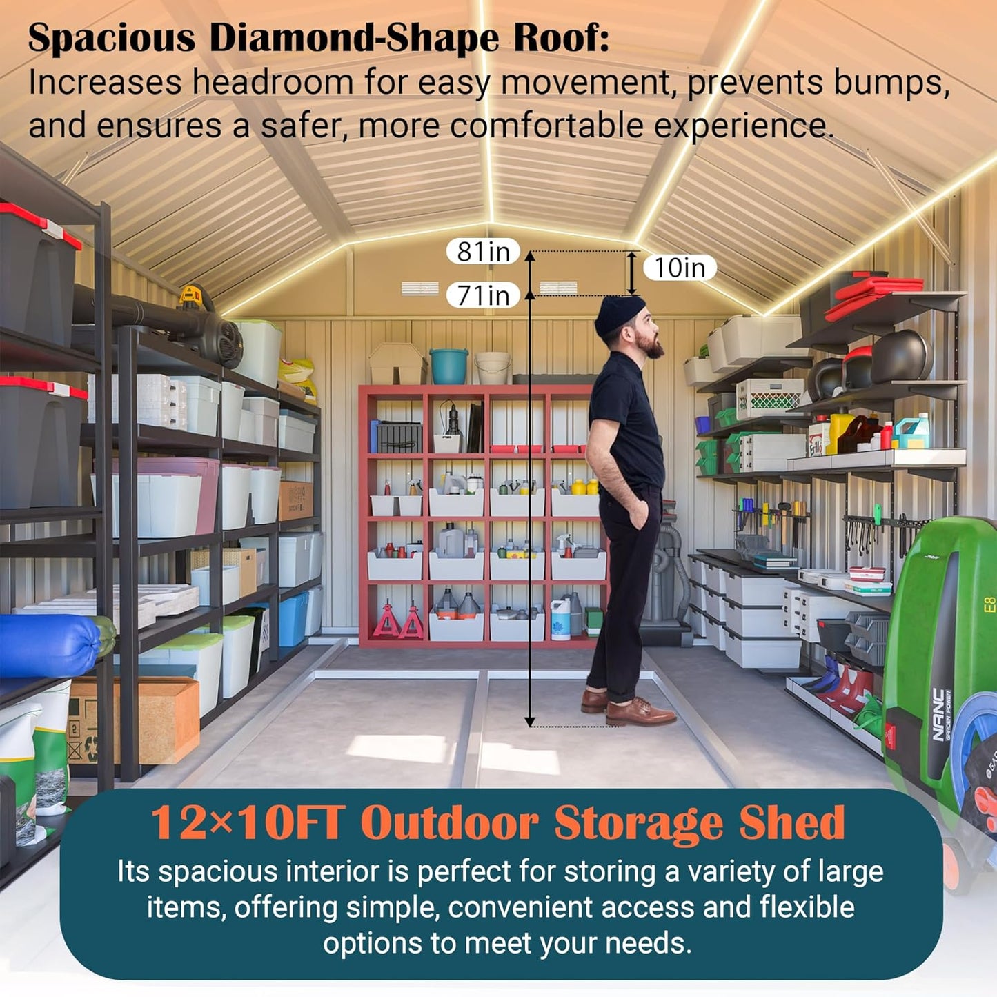 10x12 FT Metal Storage Shed with Floor Frame, Heavy-Duty Outdoor Storage Building with Diamond Roof, 4 Air Vents, Transparent Window & Lockable Double Doors, Snow-Resistant Backyard Garage Shed