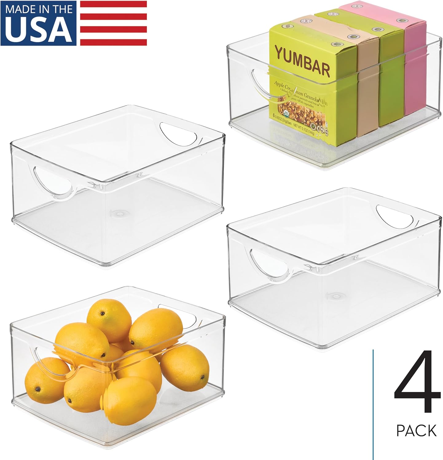 iDesign Pantry Storage Bins with Handles for Cabinets or Fridge - Set of 4 - Clear - Made in USA