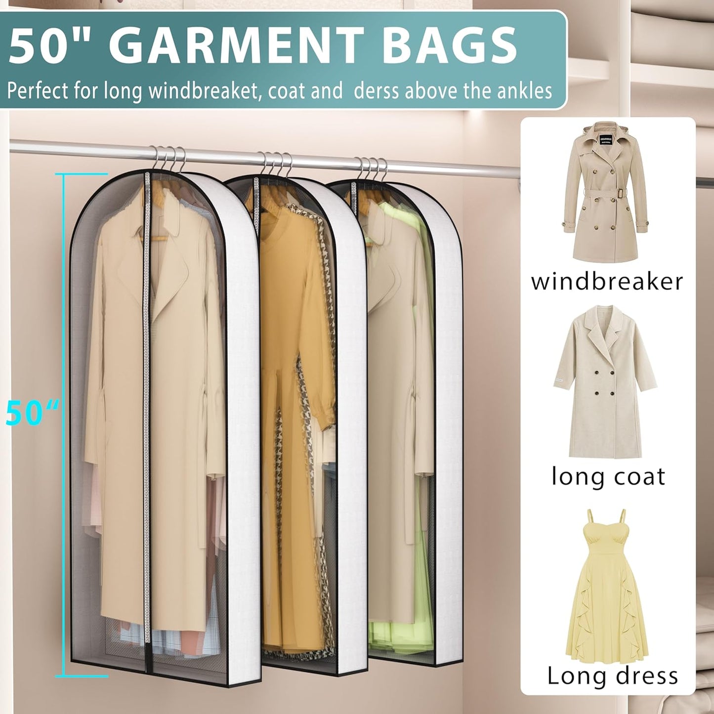 50” Garment Bags for Hanging Clothes 4” Gusseted - with Clear Window, Breathable Fabric, Metal Zipper, Suit Coat Long Dress Protector for Clothes Closet storage, Season Off, Moving, 5 Pack