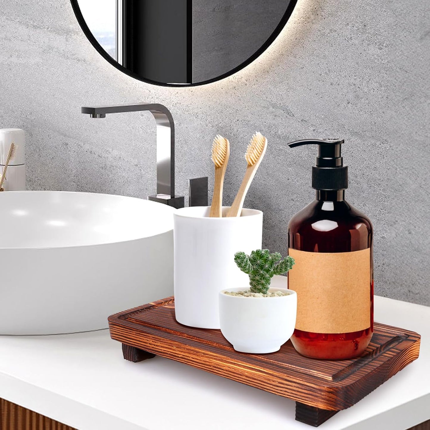 Farmhouse Bathroom Counter Organizer Wood Risers Display Pedestal Stand Small Kitchen Countertop Trays Decorative Wooden Dish Soap Dispenser Holder for Bathroom Decor Sink Accessories Vanity Tray