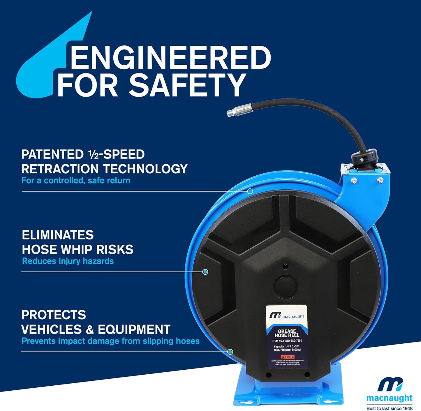 Macnaught M3 Slow Retraction Grease Safety Hose Reel 1/4” x 50 ft, Heavy Duty, Dual Pedestal, 5800PSI