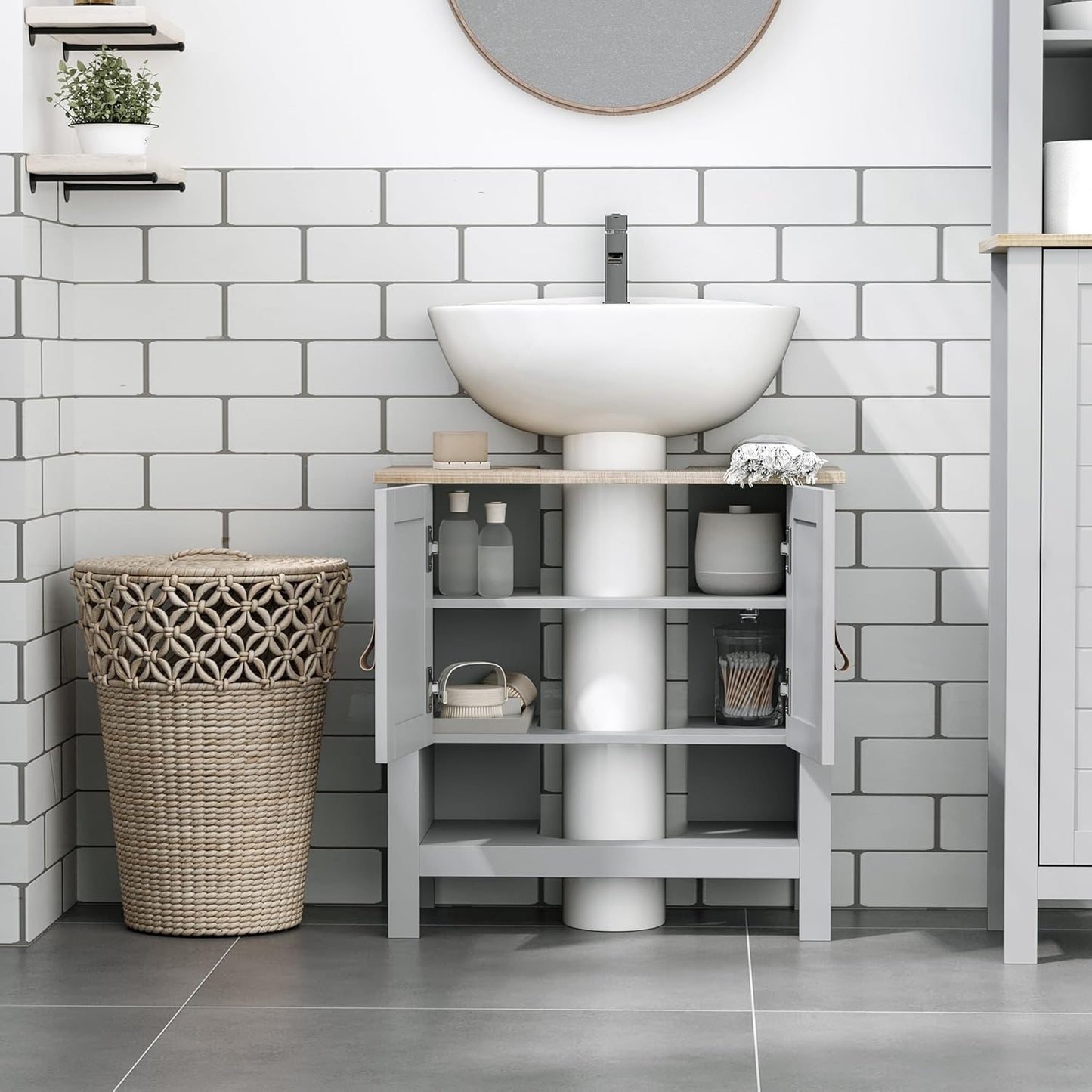 Kleankin Pedestal Sink Storage Cabinet, Under Sink Bathroom Vanity with Adjustable Shelf and Open Bottom Shelf, Gray