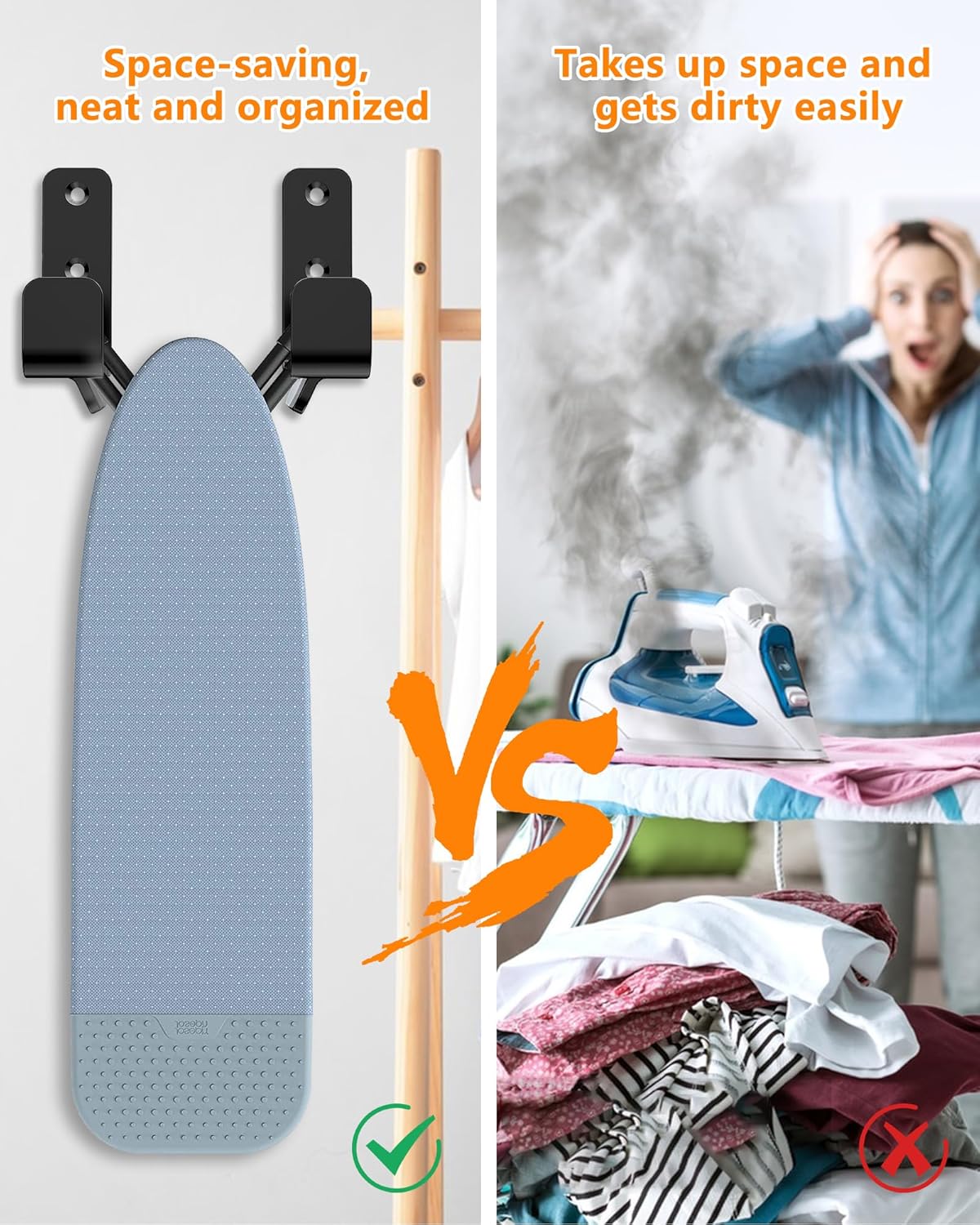 Ironing Board Wall Mount, Stainless Steel Ironing Board Hanger for Laundry Room, Adjustable Distance Holder Hook Wall Mount, Black