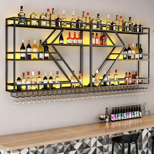 63in Metal Wine Rack Wall Mounted, Modern Wine Storage Rack Wall Mounted with Wine Glass Holder, Liquor Shelf, Bar Shelves for Liquor Bottles (3TIERS Black, 63 * 7.87 * 33.85INCH)
