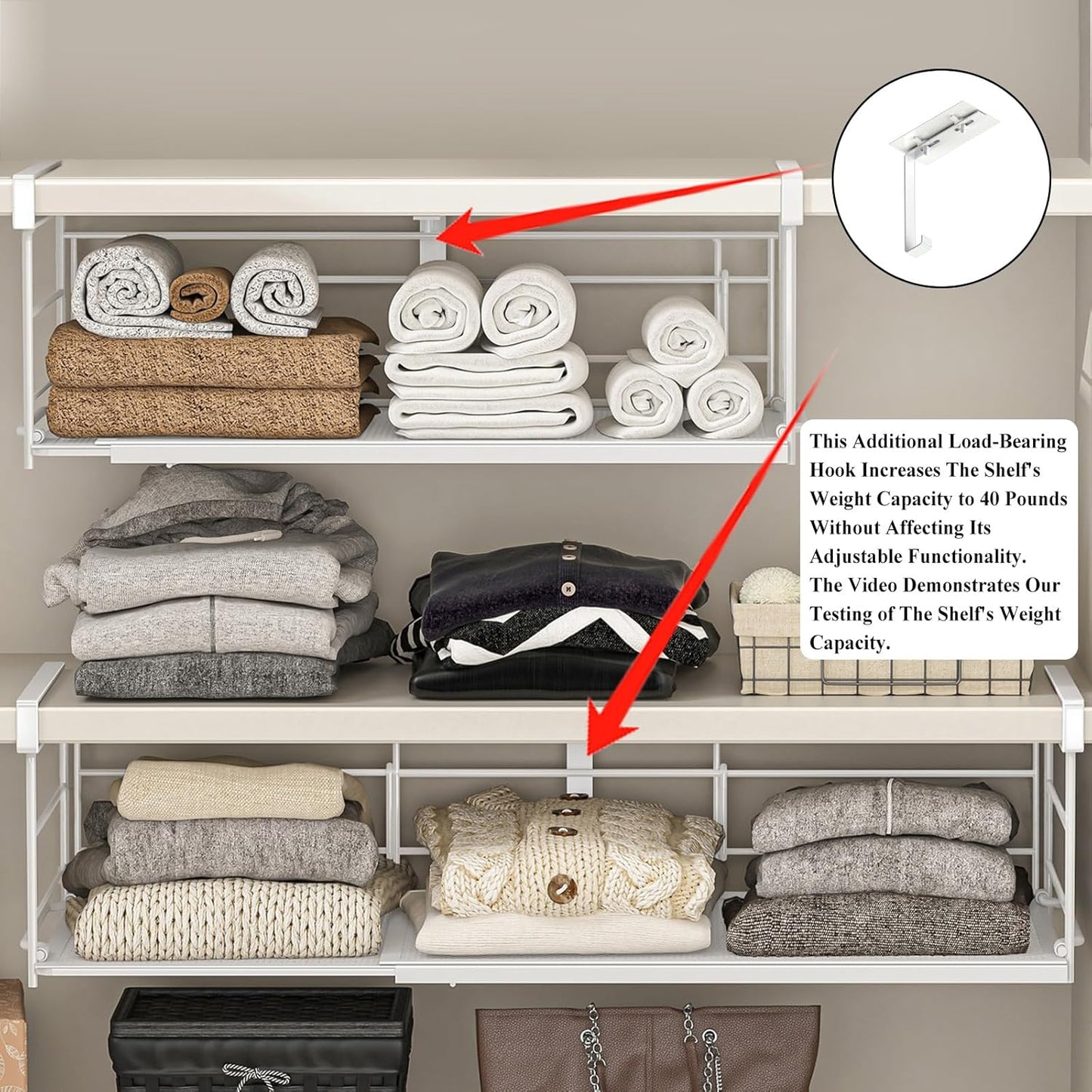 Expandable Under Cabinet Shelf, Extendable Under Shelf Storage with Removable Wire-Like Back for Pantry Cabinet, Laundry Room, Shoe Rack. (White, 1 Pack, Interior: 5" H x 10" D)