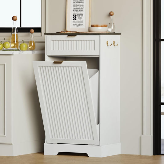 13 Gallons Tilt Out Trash Can Cabinet, Wooden Fluted Trash Garbage Can Cabinet with Drawers, Hidden Laundry Hamper with Hooks for Kitchen Living Room, White