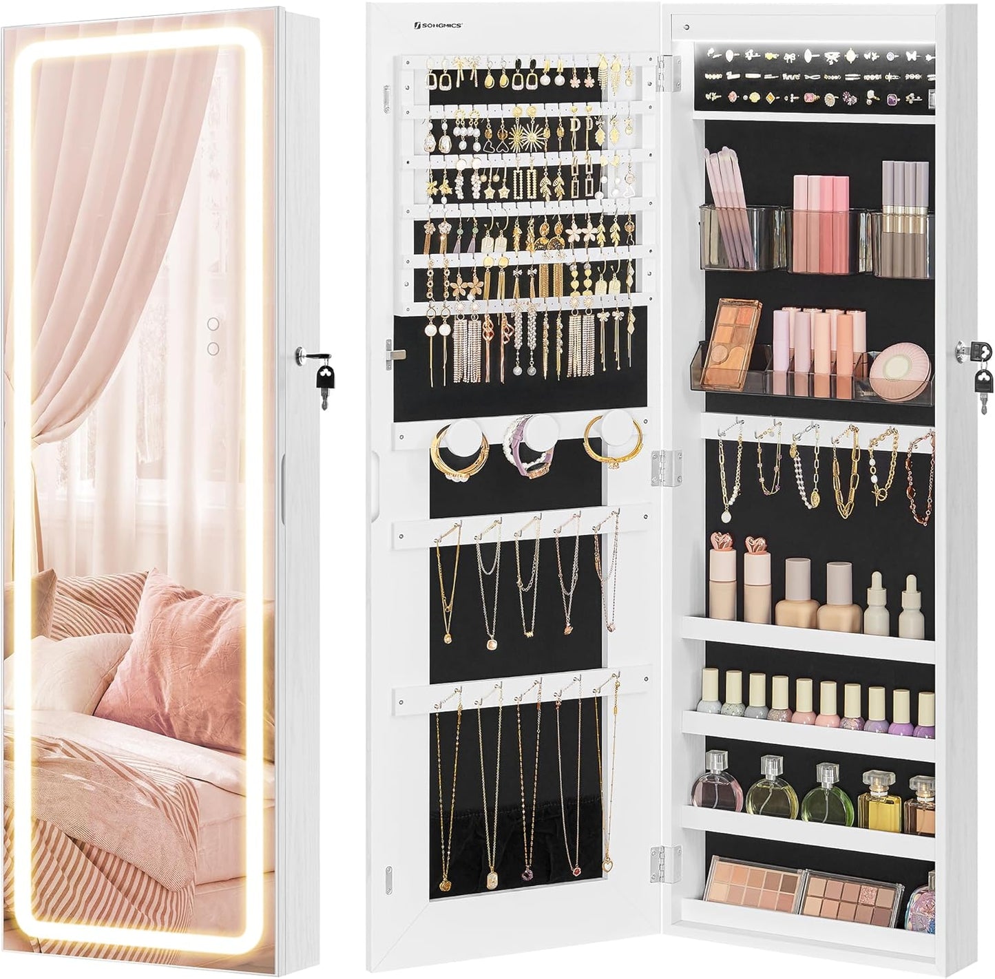 SONGMICS LED Mirror Jewelry Cabinet Armoire, Wall or Door Mounted Jewelry Storage Organizer, Hanging Lockable Frameless Mirror Cabinet with 2 Plastic Cosmetic Organizers, Christmas Gift Idea, White