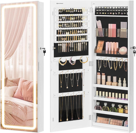 SONGMICS LED Mirror Jewelry Cabinet Armoire, Wall or Door Mounted Jewelry Storage Organizer, Hanging Lockable Frameless Mirror Cabinet with 2 Plastic Cosmetic Organizers, Christmas Gift Idea, White