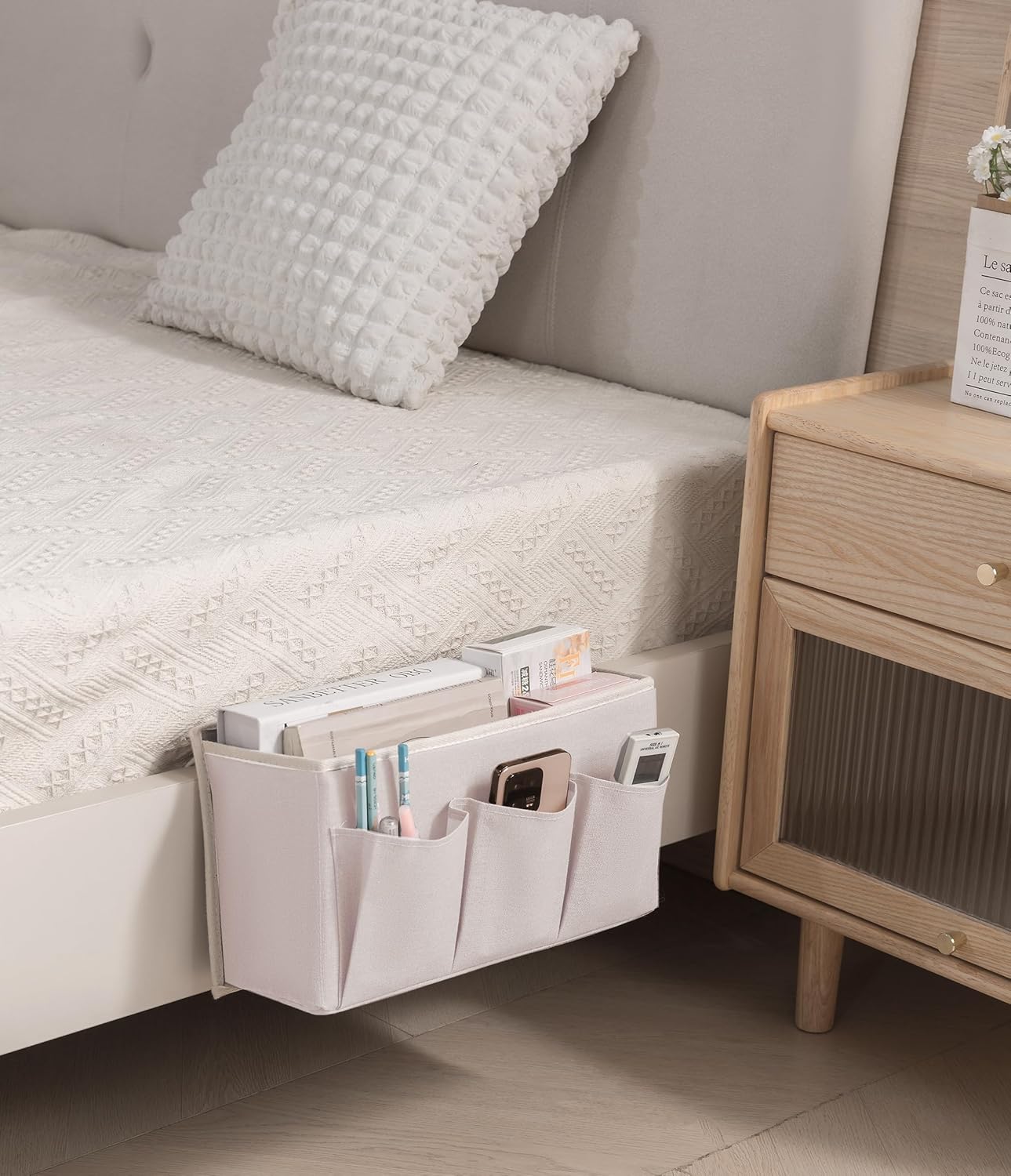Bedside Caddy / Bedside Storage Organizer Hanging Bag with Three Options,Suitable for home beds, sofas, and dormitory beds—can hold magazines, books, phones, iPads, remote controls. (White)