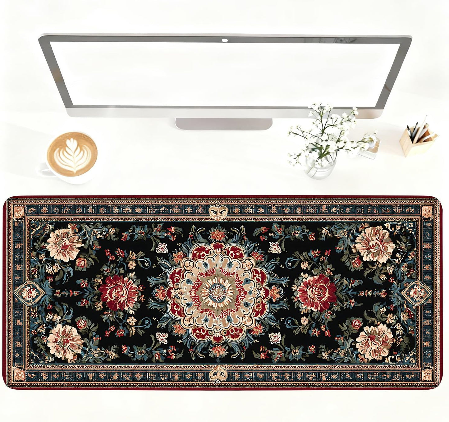 Vintage Persian Carpet Mouse Pad – Large Extended Desk Mat 35.43 x 15.75 in – Oriental Floral Rug Design, Non-Slip Rubber Base, Stitched Edges, Soft Keyboard & Mouse Mat for Office or Gaming