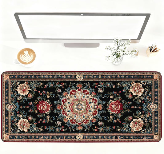 Vintage Persian Carpet Mouse Pad – Large Extended Desk Mat 35.43 x 15.75 in – Oriental Floral Rug Design, Non-Slip Rubber Base, Stitched Edges, Soft Keyboard & Mouse Mat for Office or Gaming
