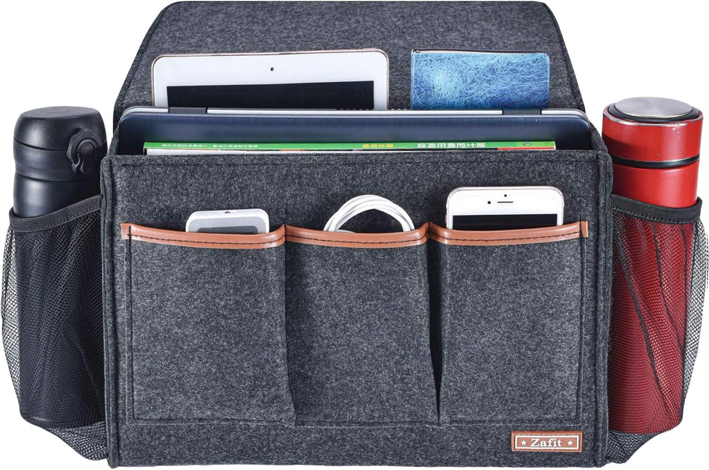 Bedside Caddy, Large Size Storage Organizer with 8 Pockets - Holds Magazines, Remotes, Phone (13.4'' x 18.1'', Dark Grey)