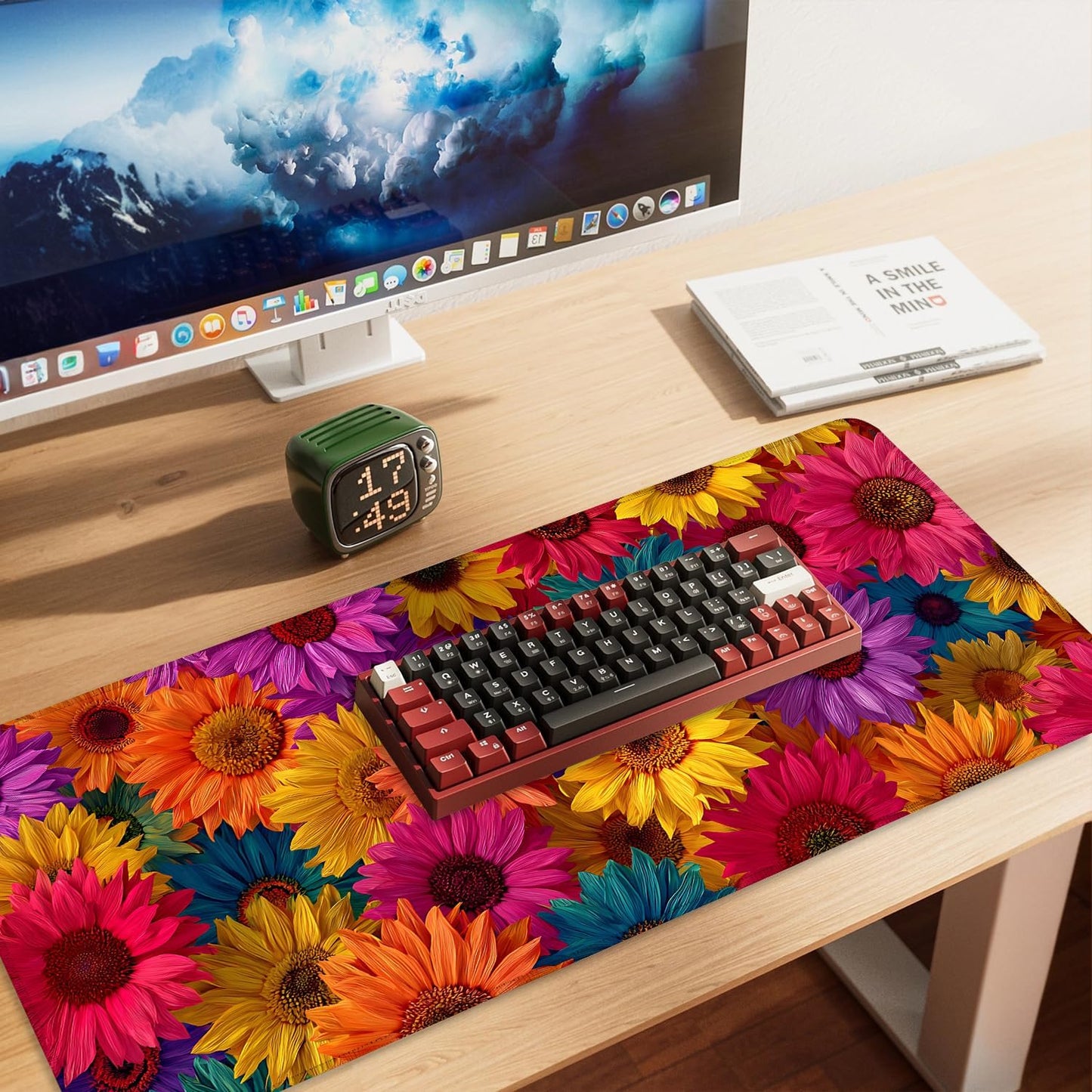 Colorful Floral Mouse Pad – Large Extended Desk Mat 35.43 x 15.75 in – Bright Rainbow Sunflower Design, Non-Slip Rubber Base, Waterproof Surface, Oversized Keyboard & Mouse Pad for Office or Gaming