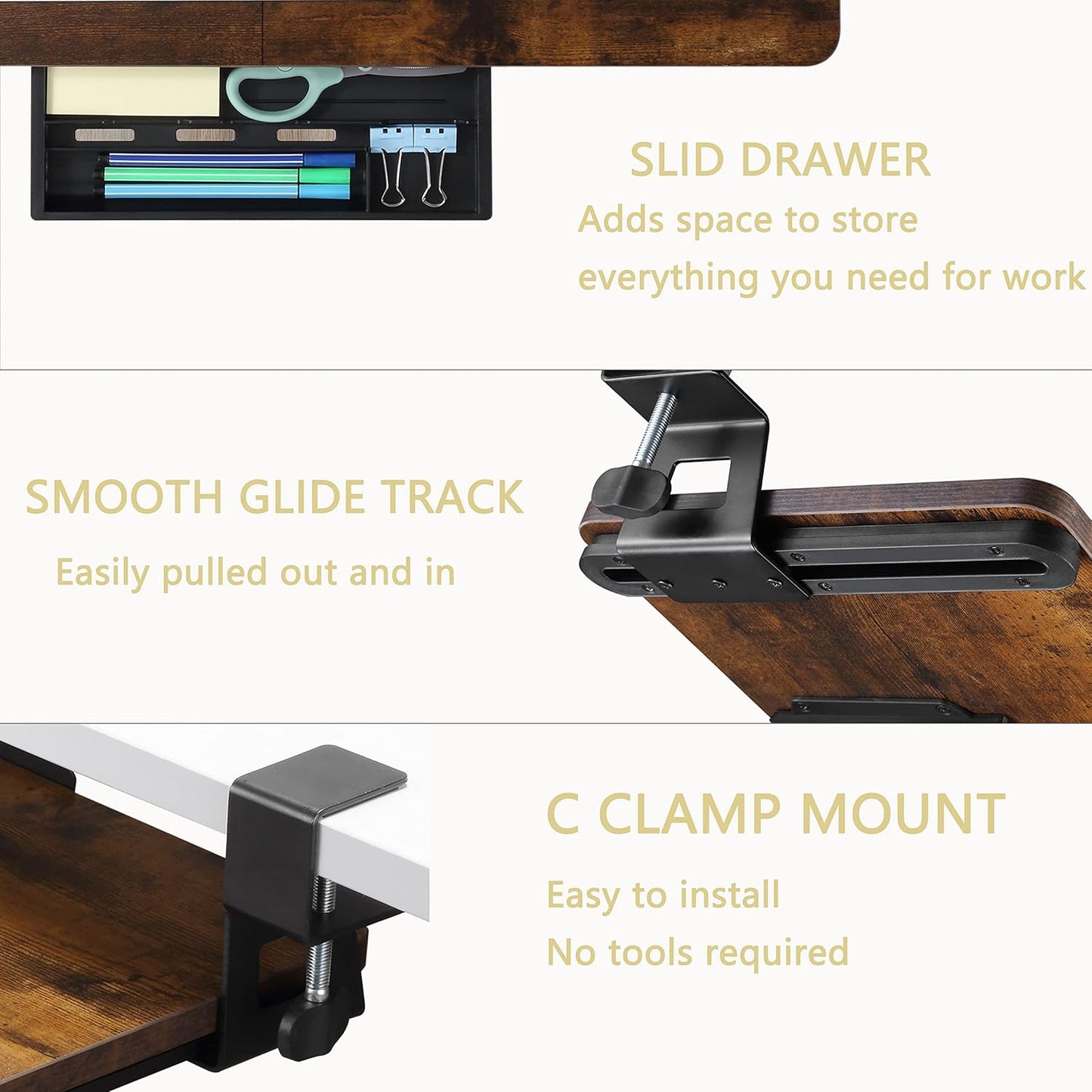 ETHU Keyboard Tray Under Desk, 19.7" X 11.81" Small Size Keyboard Drawer with C Clamp-on Mount Easy to Install, Computer Keyboard Stand Slide Pull Out, Ergonomic Keyboard Tray for Home, Office