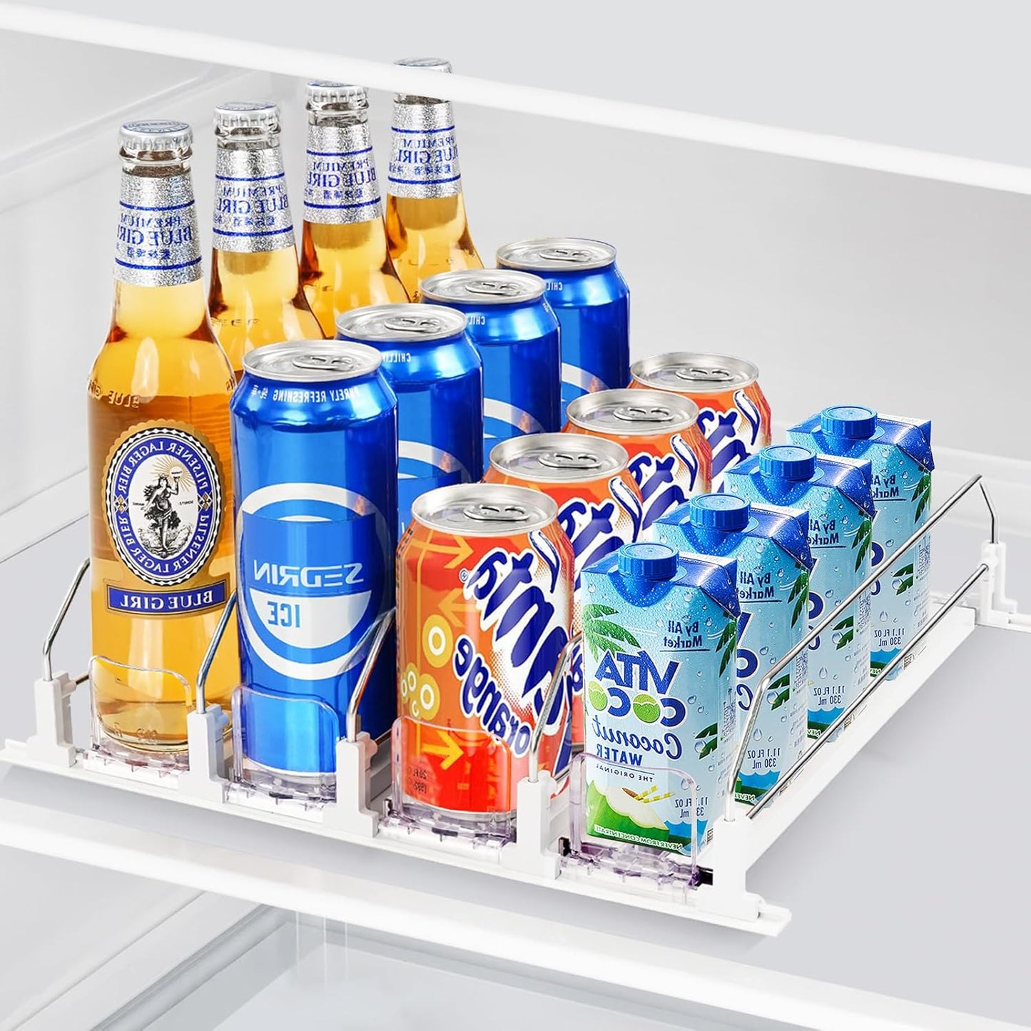 Drink Organizer for Mini Fridge, Automatic Pusher Drink Dispenser for Refrigerator, Soda Can Organizer for Beer Beverage, Holds up to 16 Cans 4Row (Depth12.2 xWide13.4)