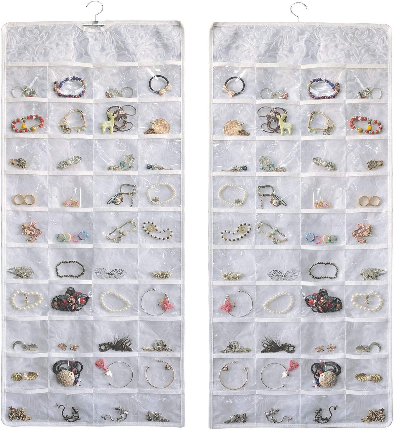 BB Brotrade Hanging Jewelry Organizer, Double-Sided Jewelry Storage Organizer with Embossed Pattern, 80 Clear PVC Pockets for Holding Jewelries (White)