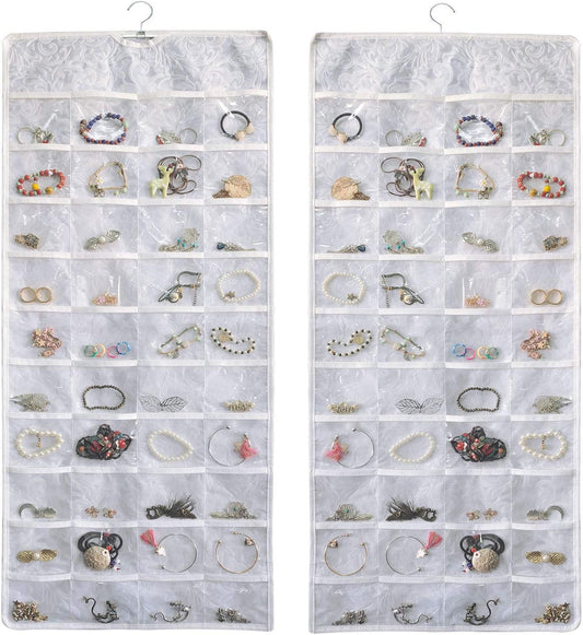 BB Brotrade Hanging Jewelry Organizer, Double-Sided Jewelry Storage Organizer with Embossed Pattern, 80 Clear PVC Pockets for Holding Jewelries (White)