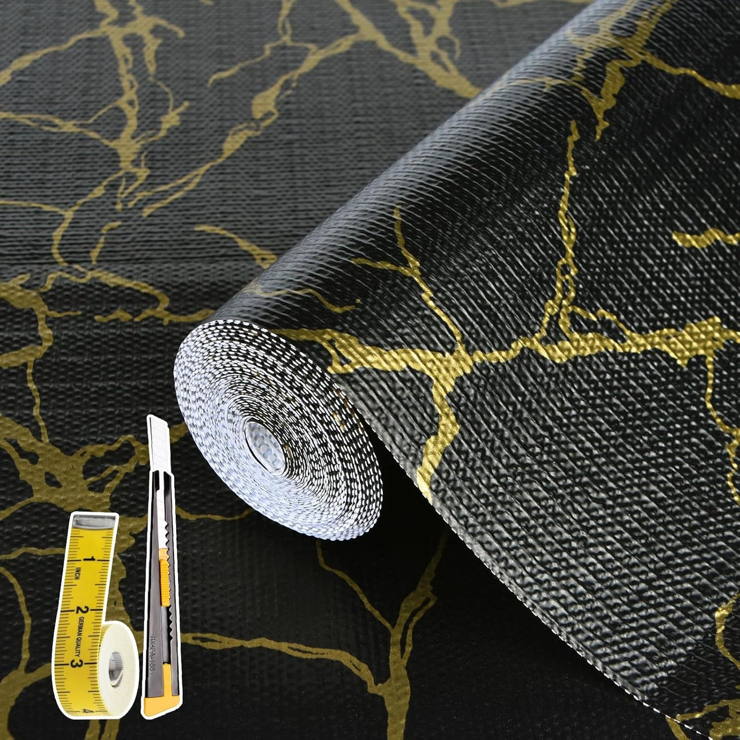 2-Layer Drawer and Shelf Liner for Kitchen Cabinet: 17.3in X 20Ft Non Slip Waterproof Shelf Paper Non Adhesive Refrigerator Liners Black/Gold Marble Easy Liners for Bathroom with Knife Tape Measure