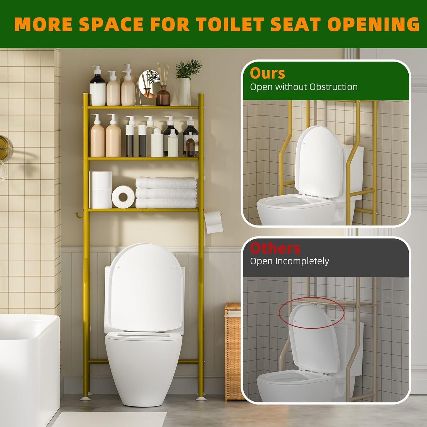 3-Tier Over The Toilet Storage, Space Saver Metal Bathroom Shelves, Freestanding Above Over Toilet Storage Shelf with 4 Hooks for Bathroom, Gold