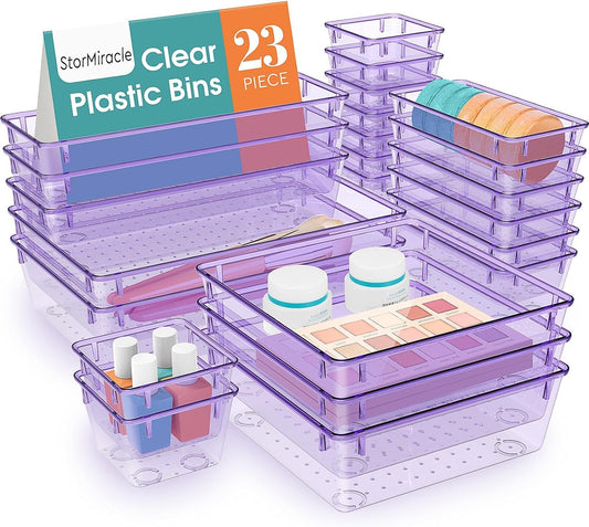 23 PCS Drawer Organizer Set, 5 Varied Size Bathroom and kitchen Drawer cabinet organizer Trays, Clear Storage Bins for Makeup, Jewelry, Utensils and Gadgets, Purple