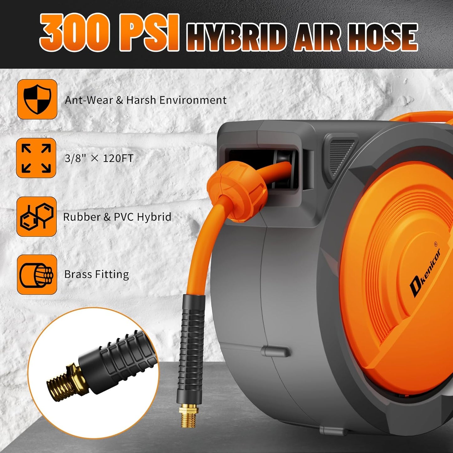 Retractable Air Hose Reel, 3/8" x 120ft Hybrid Hose, Auto Rewind Enclosed Air Compressor Hose Reel with 180° Swivel Bracket, Max 300 PSI Any Length Lock for Garage & Workshop