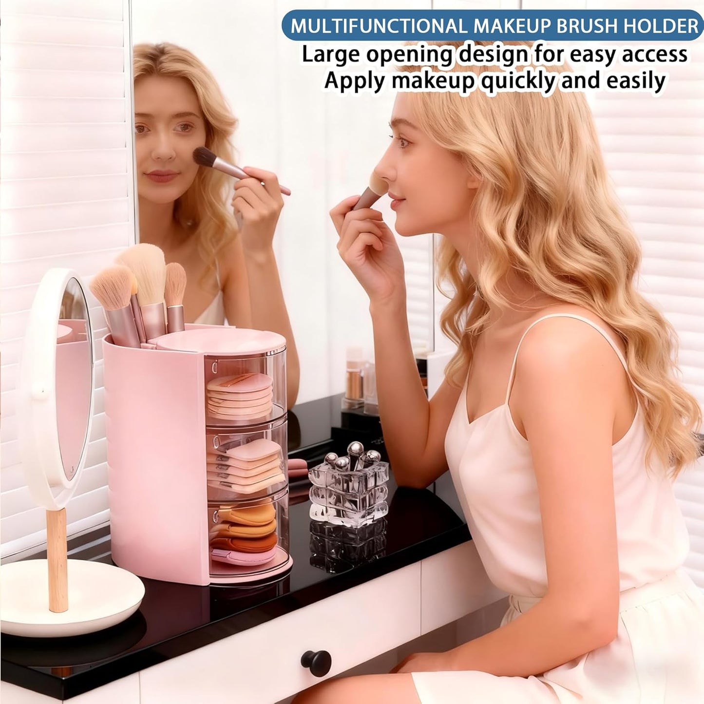 Hair Accessories Organizer with Hair Brush Holder, Rotatable Makeup Brush Holder for Necklaces, Earring, Bracelet, Ring, Makeup Brushes, Hair Clip and Hair Accessories (Pink, 3-Layer)