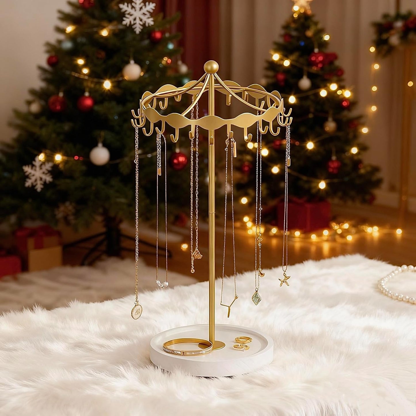Lolalet Rotating Necklace Holder Stand with Metal Hooks, Spinning Display Carousels, Freestanding Organizer Hanger, for Long Necklaces Chains -Gold