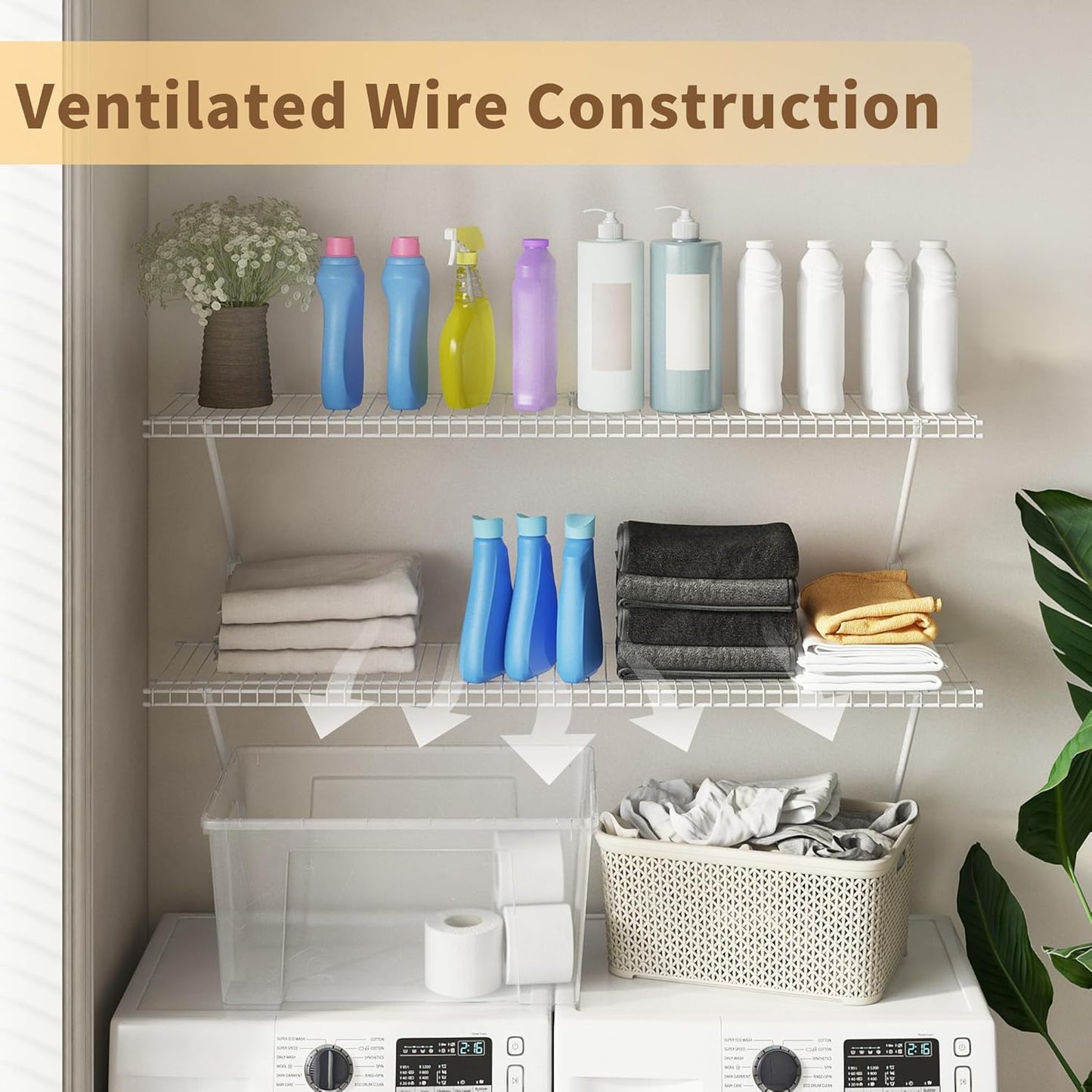 Closet Shelves Wall Mounted, 2 Pack 4 ft x 12 in White Wire Shelving Kit, Metal Wall Shelf Organizer for Home, Pantry, Laundry Room Storage